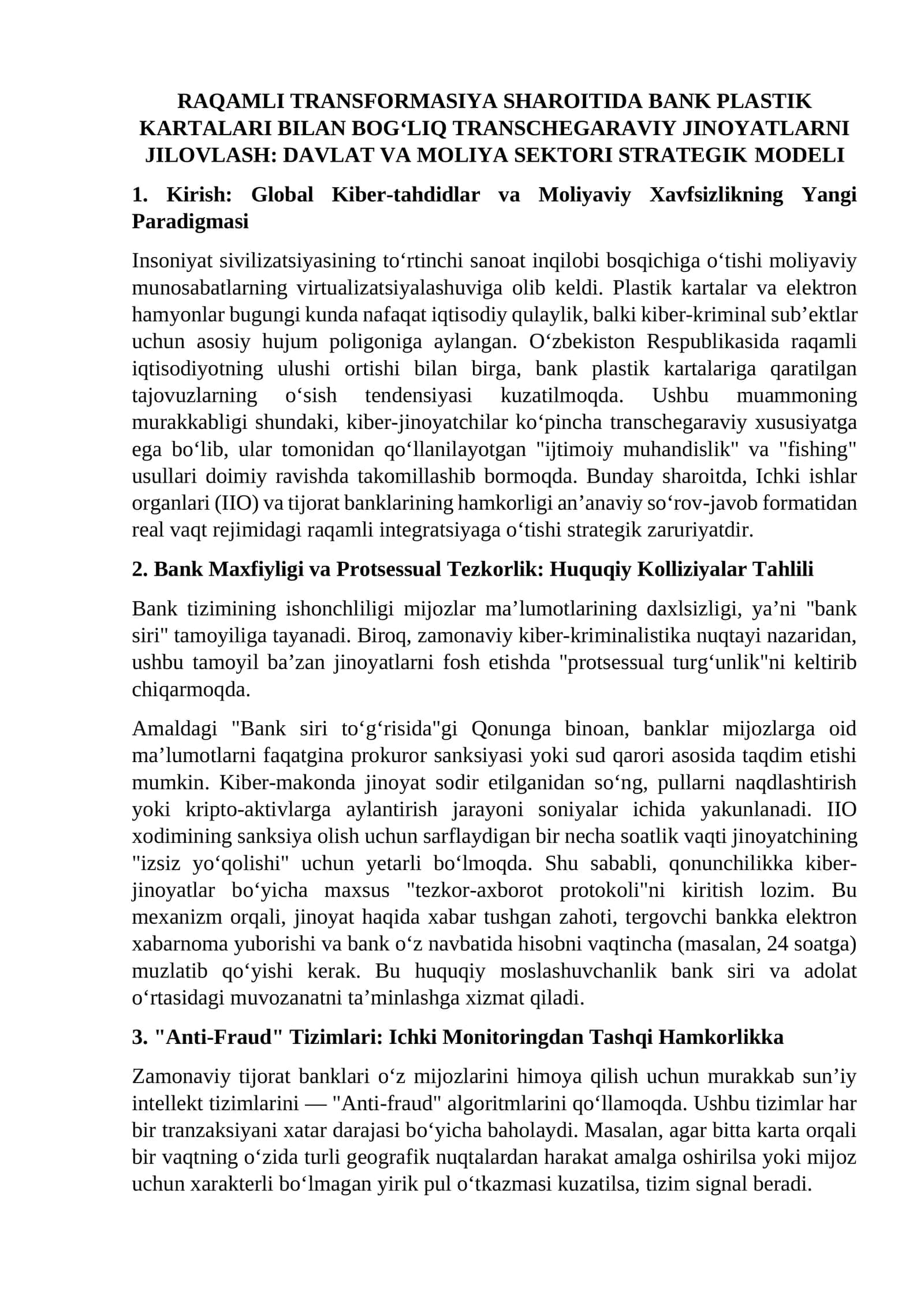 RAQAMLI TRANSFORMASIYA SHAROITIDA BANK PLASTIK KARTALARI BILAN BOG‘LIQ TRANSCHEGARAVIY JINOYATLARNI JILOVLASH: DAVLAT VA MOLIYA SEKTORI STRATEGIK MODELI