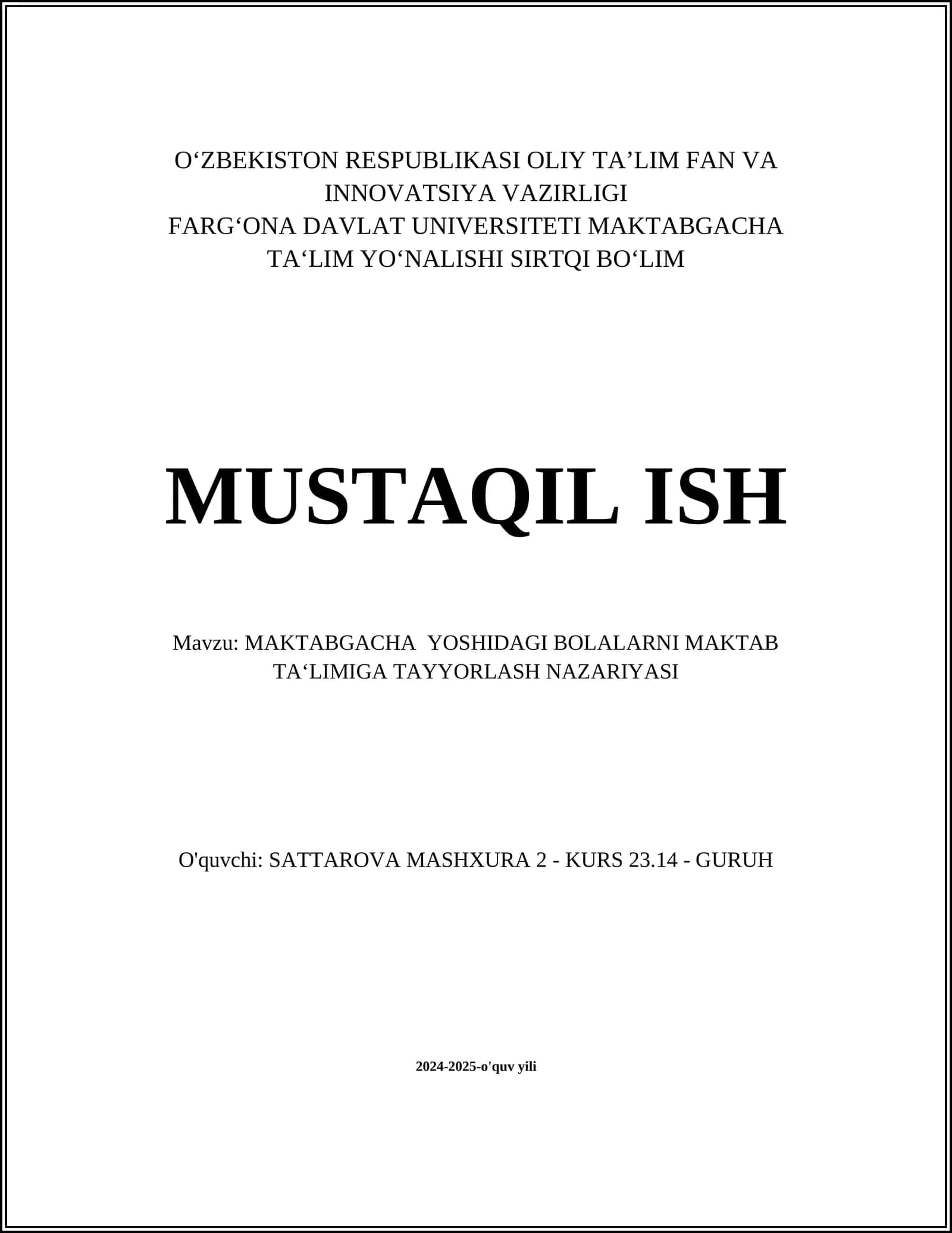 MAKTABGACHA YOSHIDAGI BOLALARNI MAKTAB TA‘LIMIGA TAYYORLASH NAZARIYASI