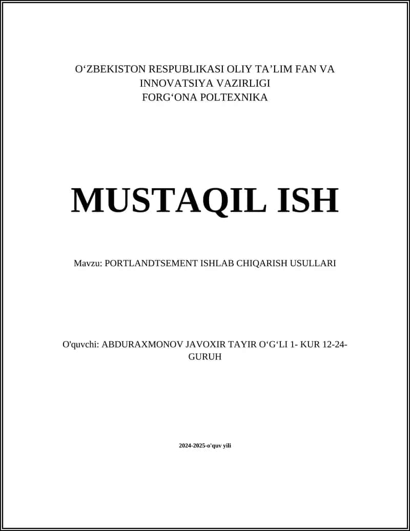 PORTLANDTSEMENT ISHLAB CHIQARISH USULLARI
