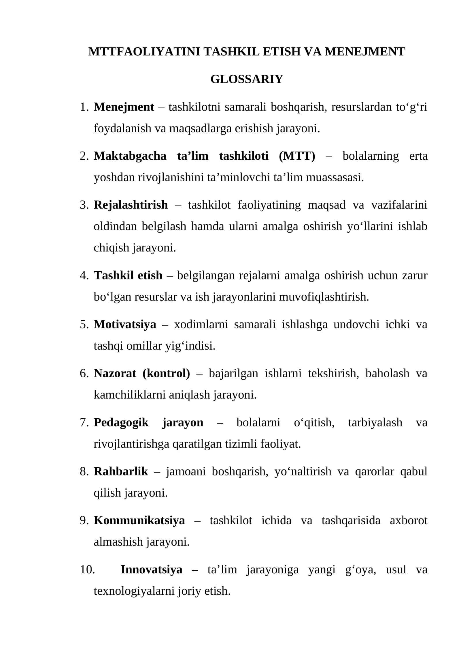 MTTFAOLIYATINI TASHKIL ETISH VA MENEJMENT