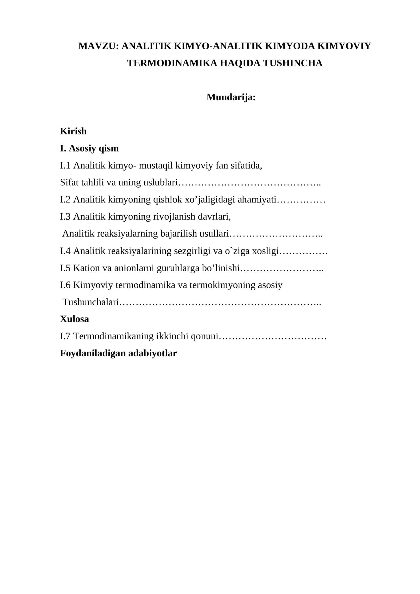 ANALITIK KIMYO-ANALITIK KIMYODA KIMYOVIY TERMODINAMIKA HAQIDA TUSHINCHA
