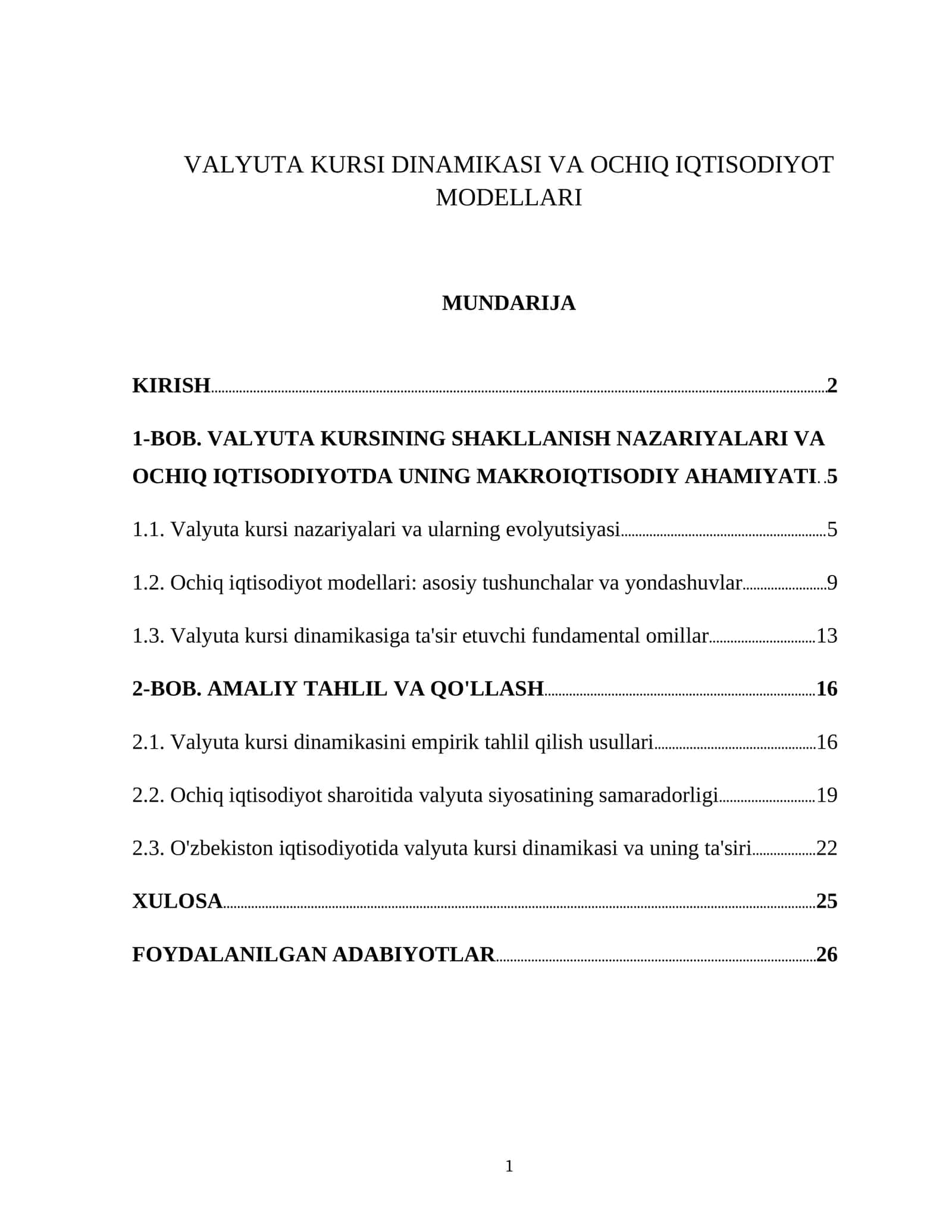 VALYUTA KURSI DINAMIKASI VA OCHIQ IQTISODIYOT MODELLARI