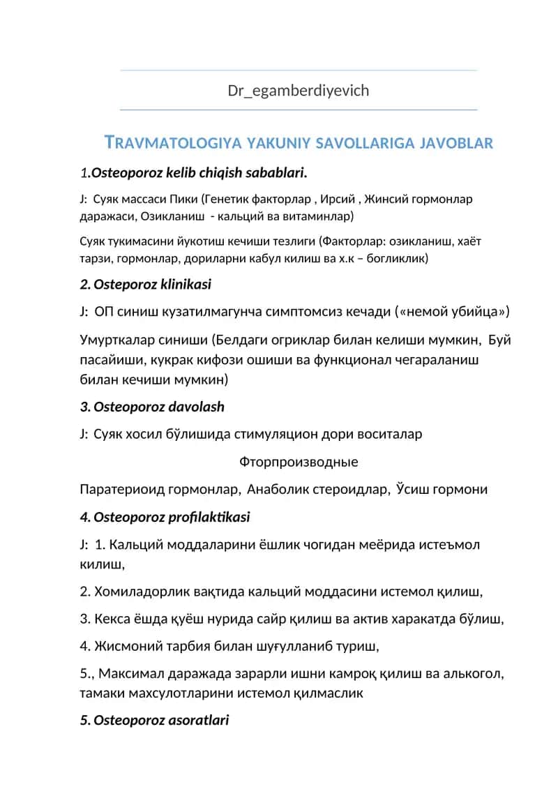 Travmatologiya yakuniy savollariga javoblar