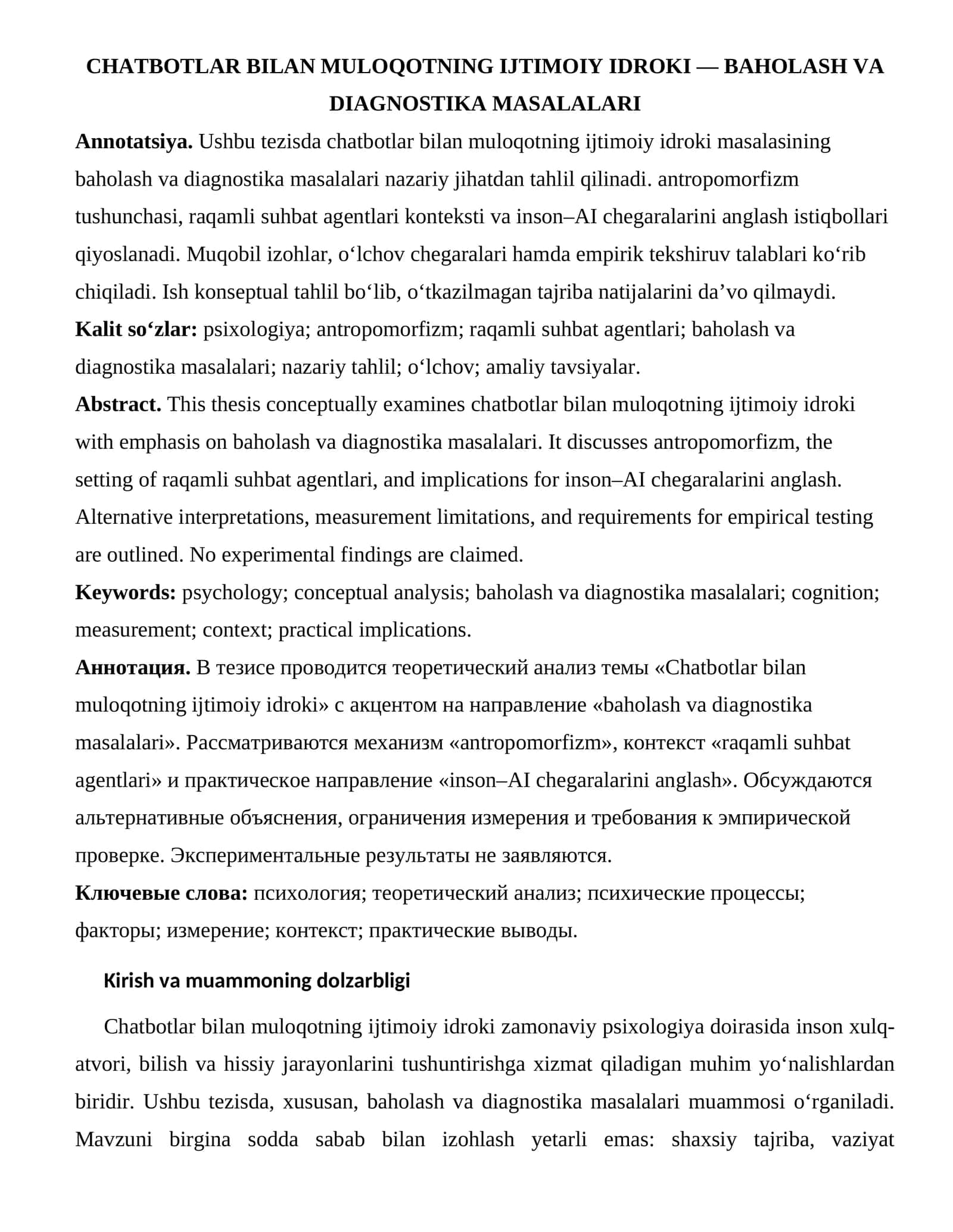 Chatbotlar bilan muloqotning ijtimoiy idroki - Baholash va diagnostika masalalari