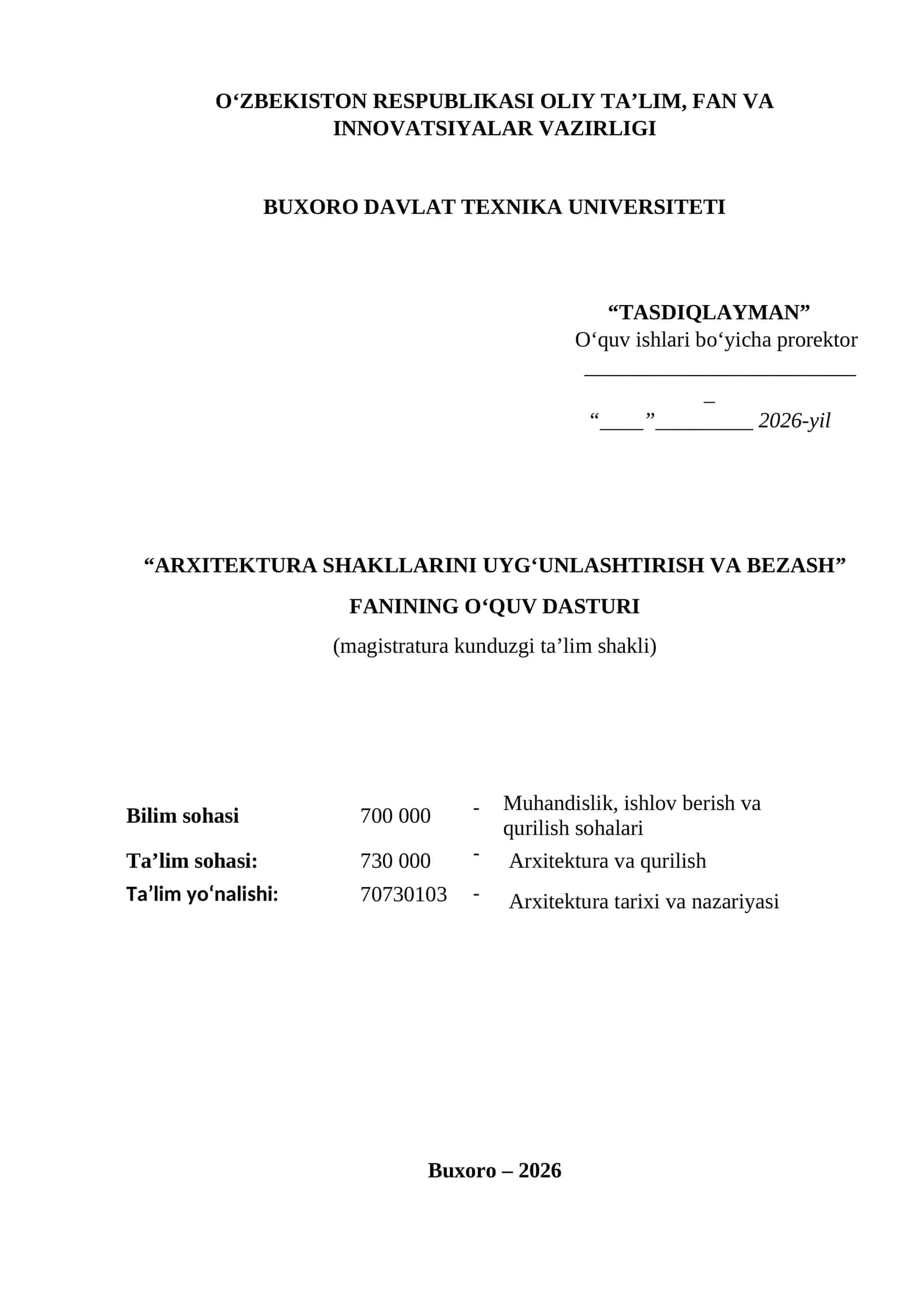 Arxitektura shakllarini uyg‘unlashtirish va bezash fanining o‘quv dasturi.doc