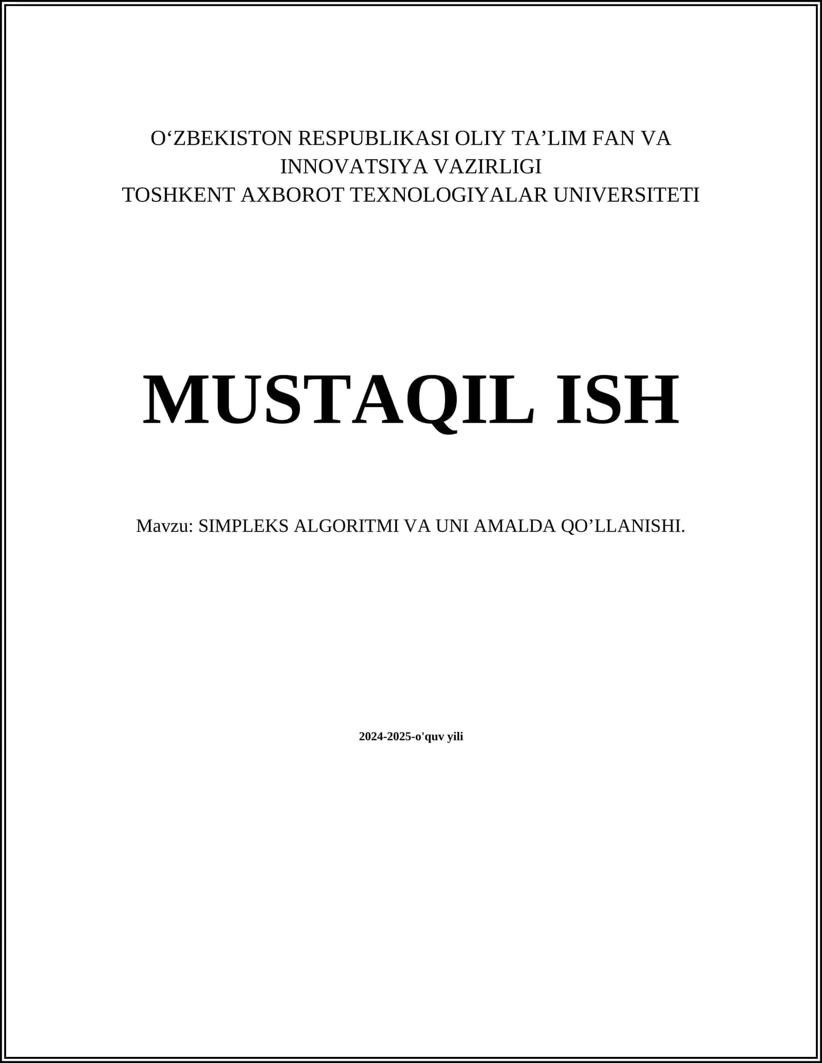 SIMPLEKS ALGORITMI VA UNI AMALDA QOʼLLANISHI