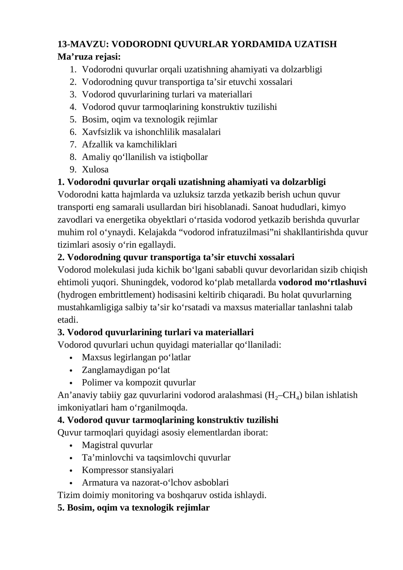 VODORODNI QUVURLAR YORDAMIDA UZATISH