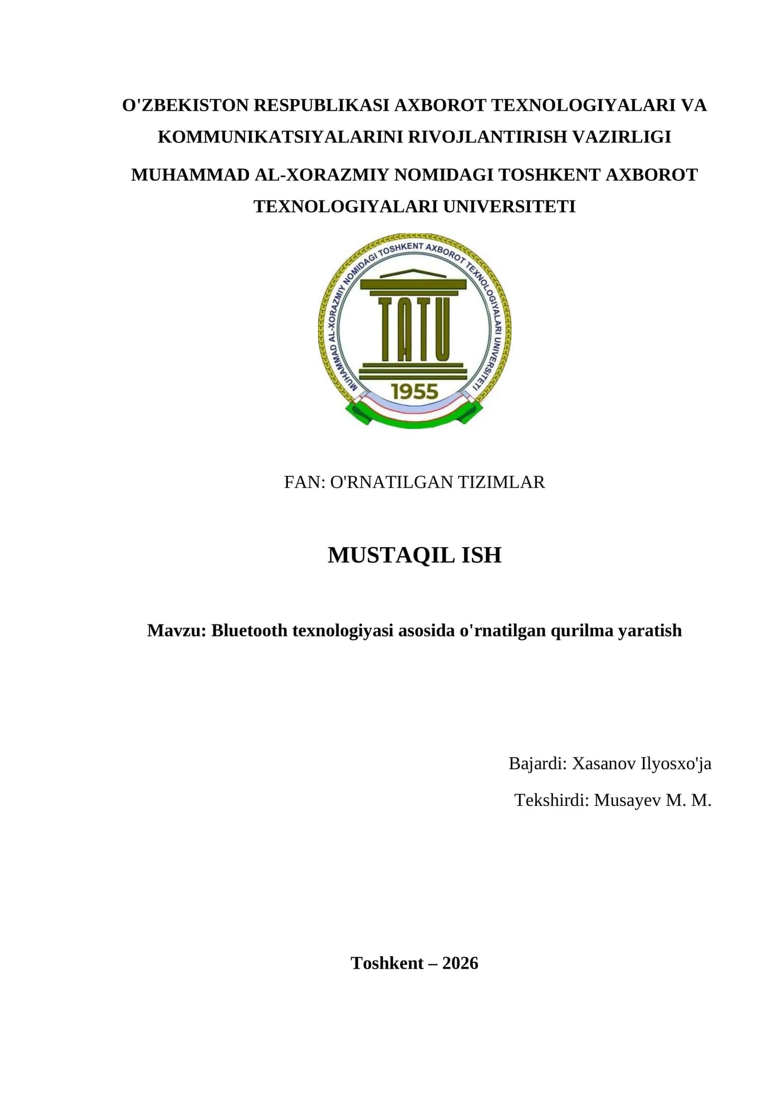 Bluetooth texnologiyasi asosida o'rnatilgan qurilma yaratish