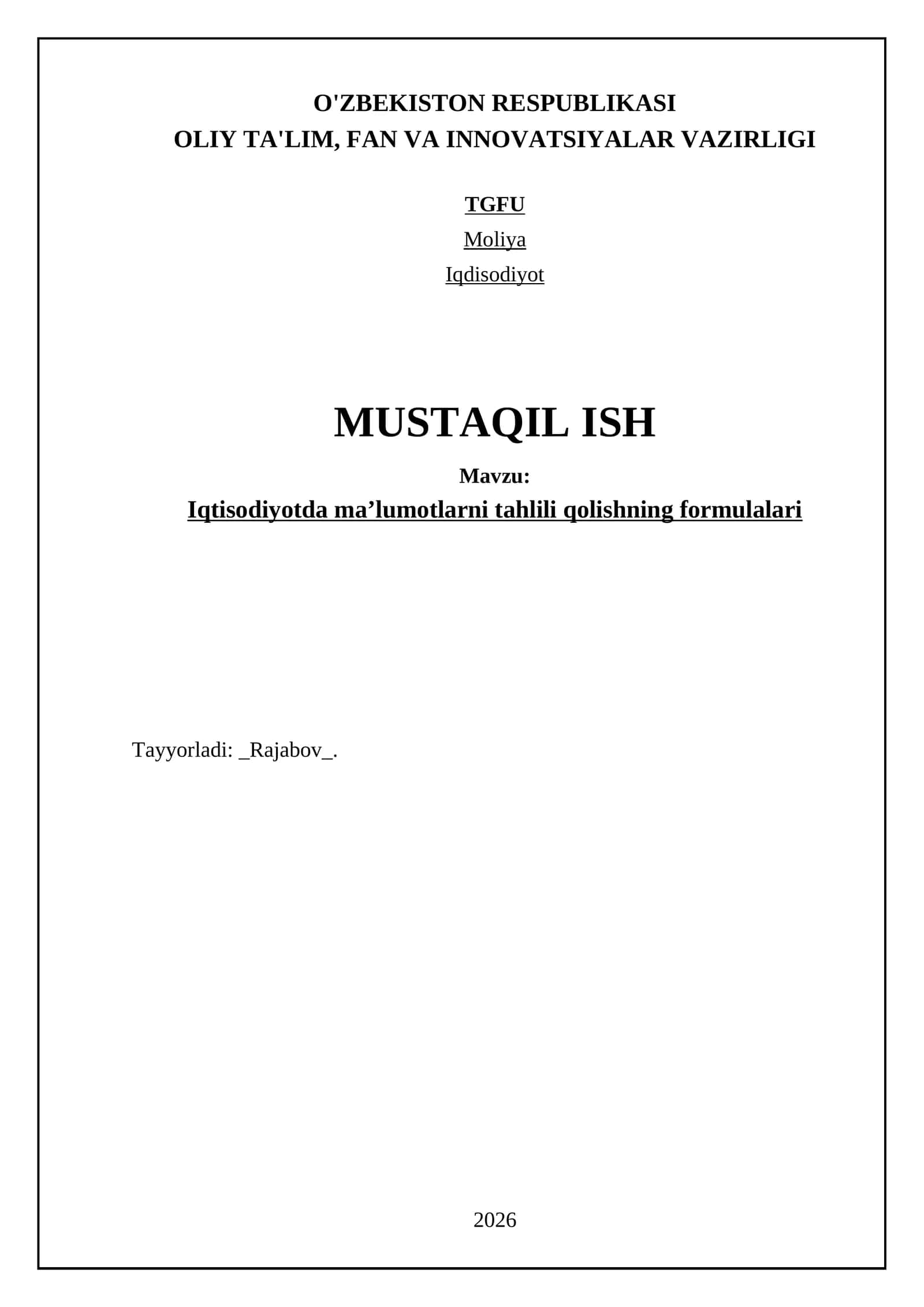 Iqtisodiyotda maʼlumotlarni tahlili qolishning formulalari