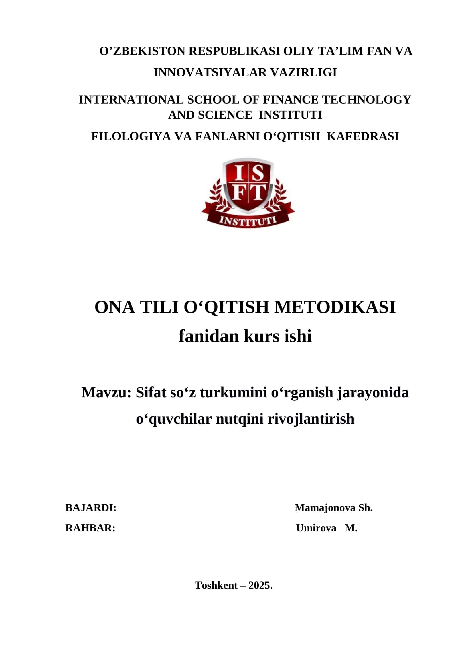 Sifat soʻz turkumini oʻrganish jarayonida oʻquvchilar nutqini rivojlantirish. KURS ISHI