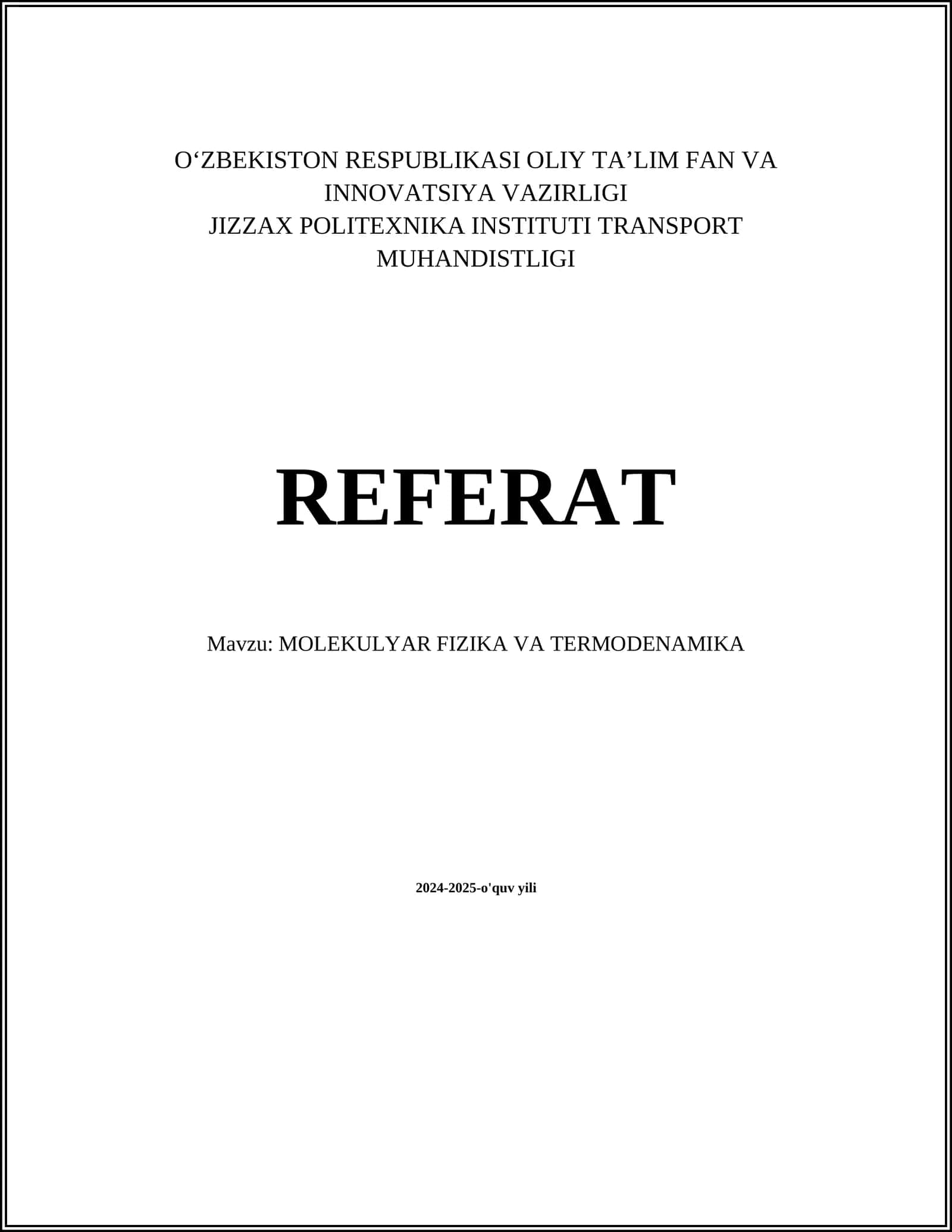 MOLEKULYAR FIZIKA VA TERMODINAMIKA