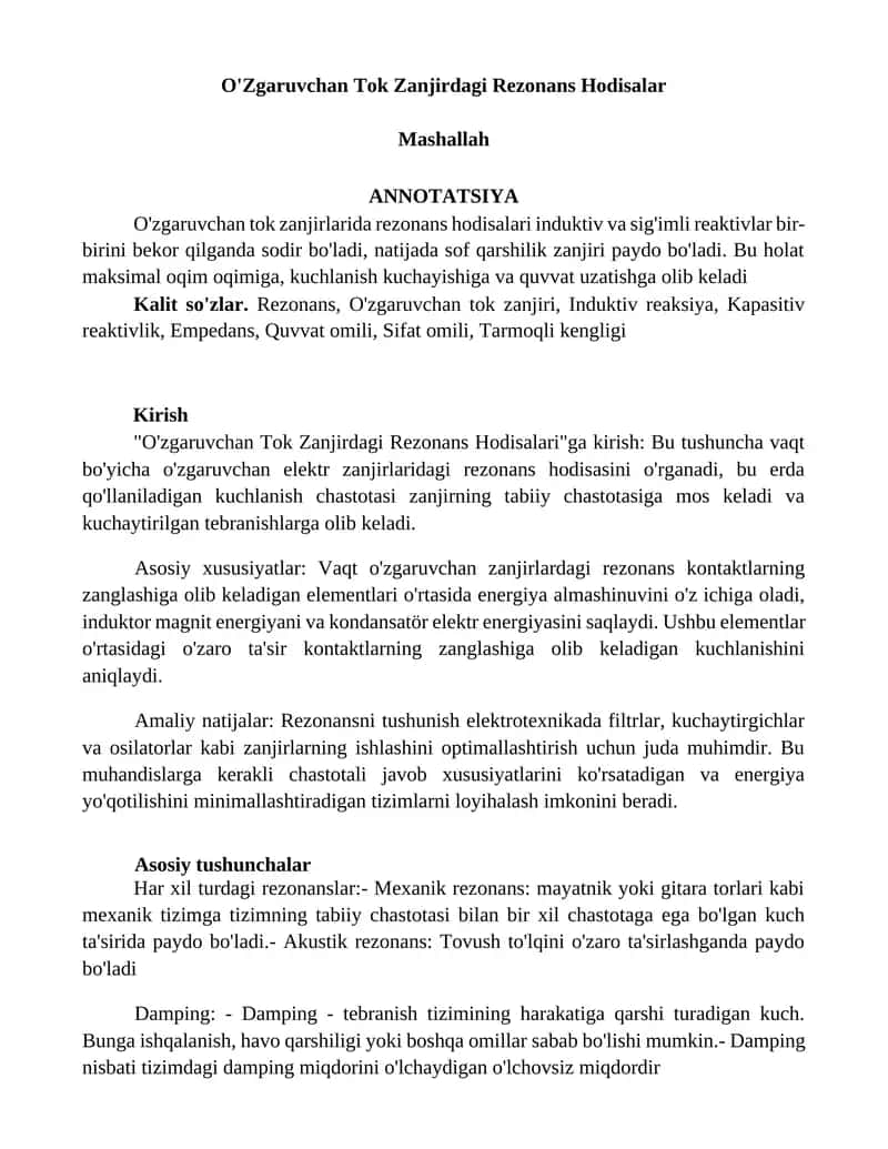 O'Zgaruvchan Tok Zanjirdagi Rezonans Hodisalar