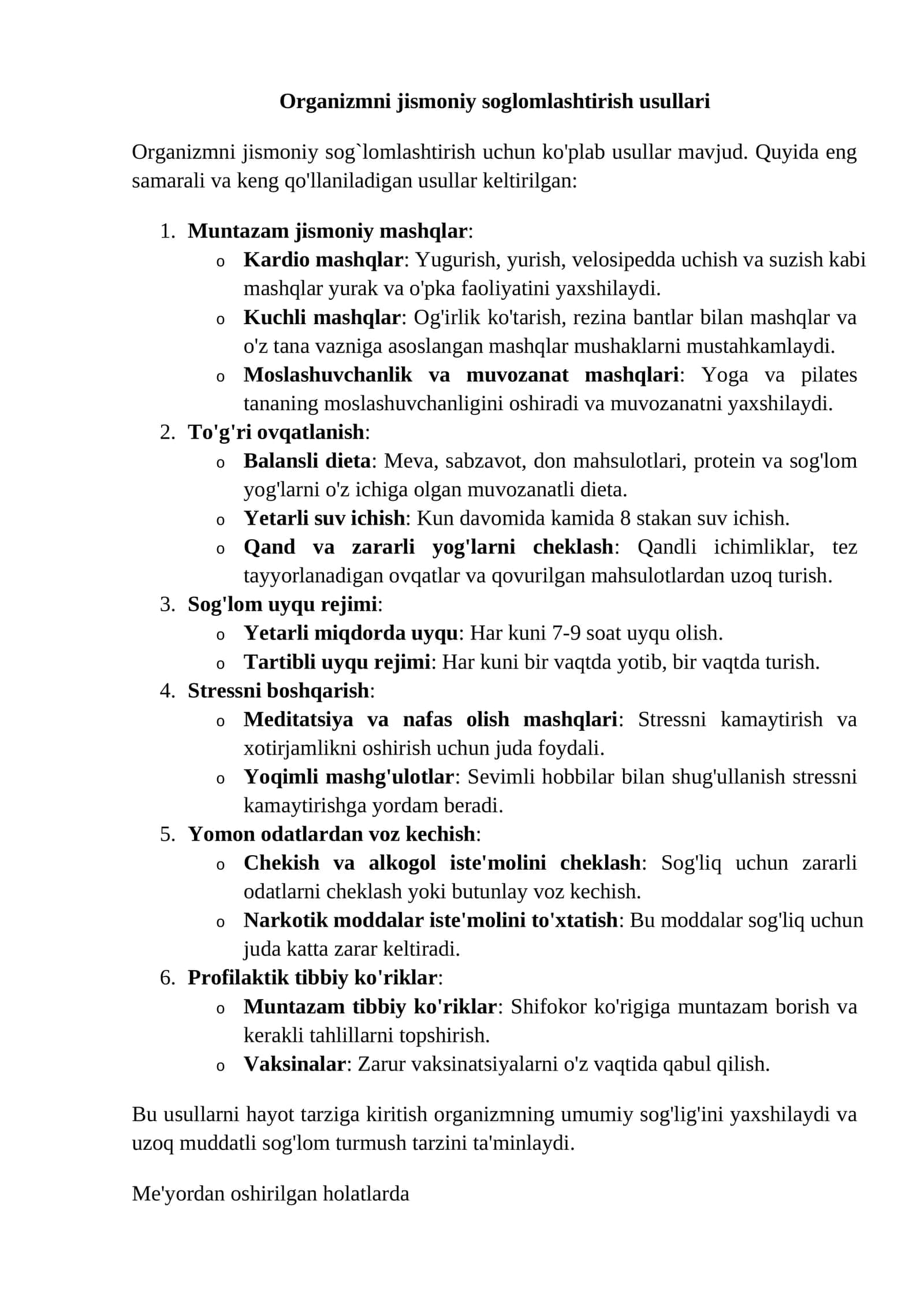 Organizmni jismoniy soglomlashtirish usullari