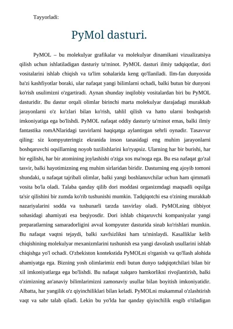 Pymol dasturida ishlash yo'riqnomasi