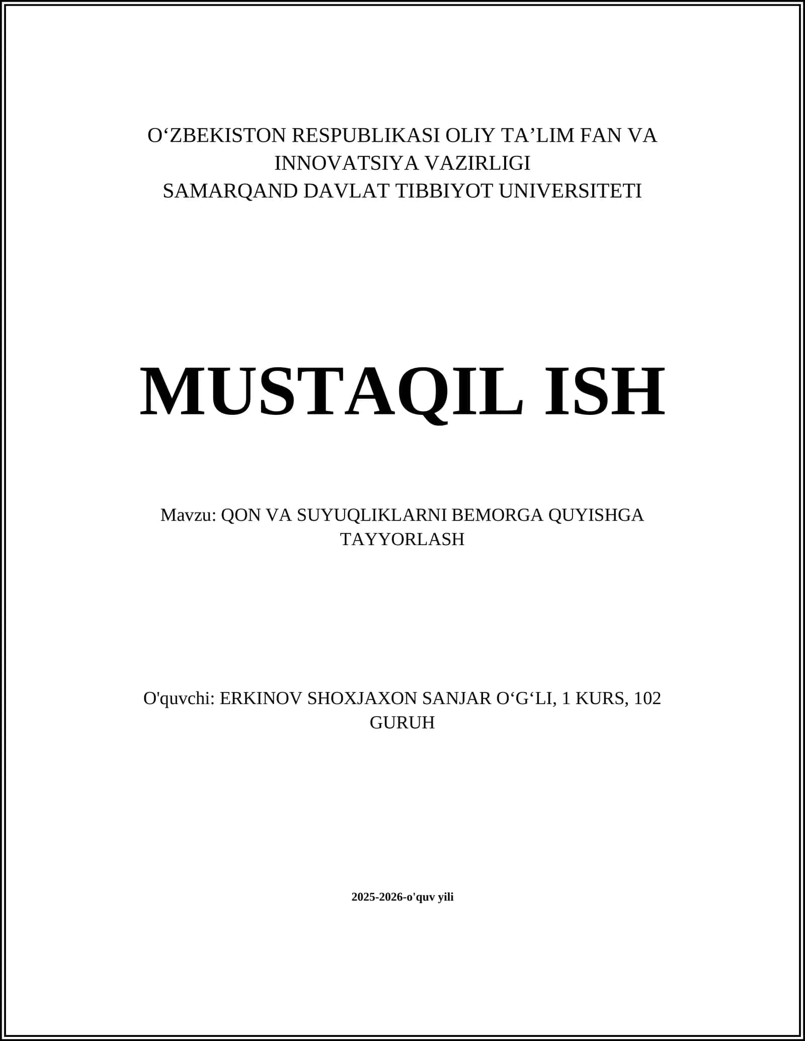 QON VA SUYUQLIKLARNI BEMORGA QUYISHGA TAYYORLASH