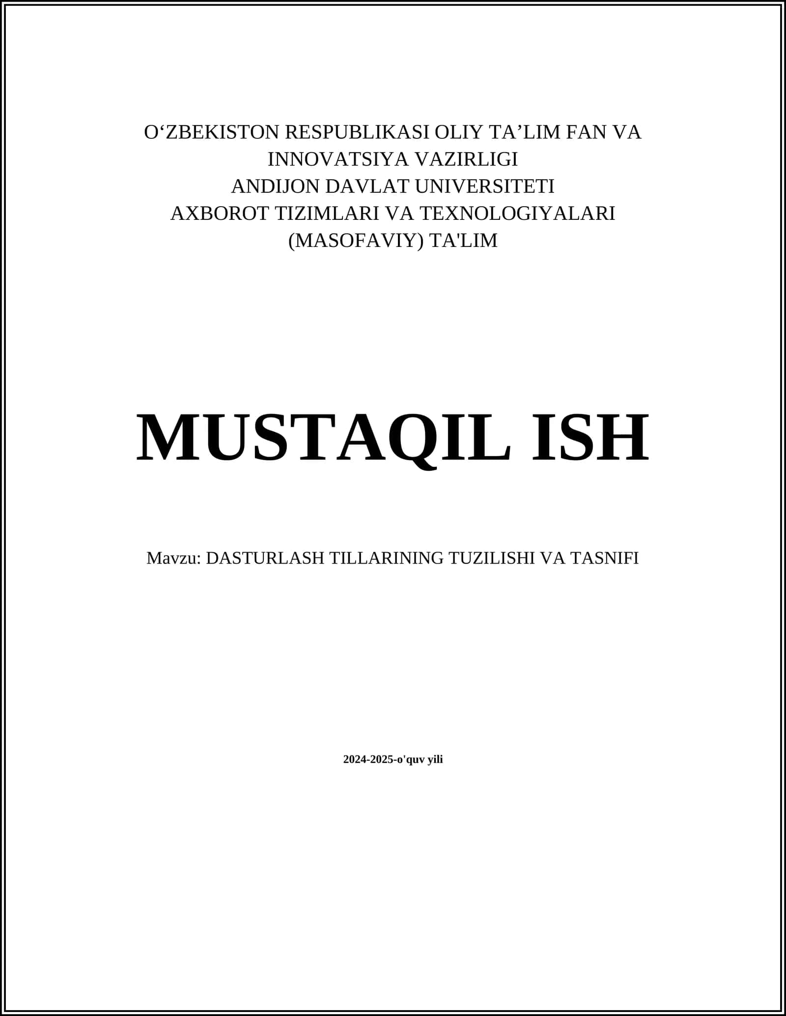 DASTURLASH TILLARINING TUZILISHI VA TASNIFI