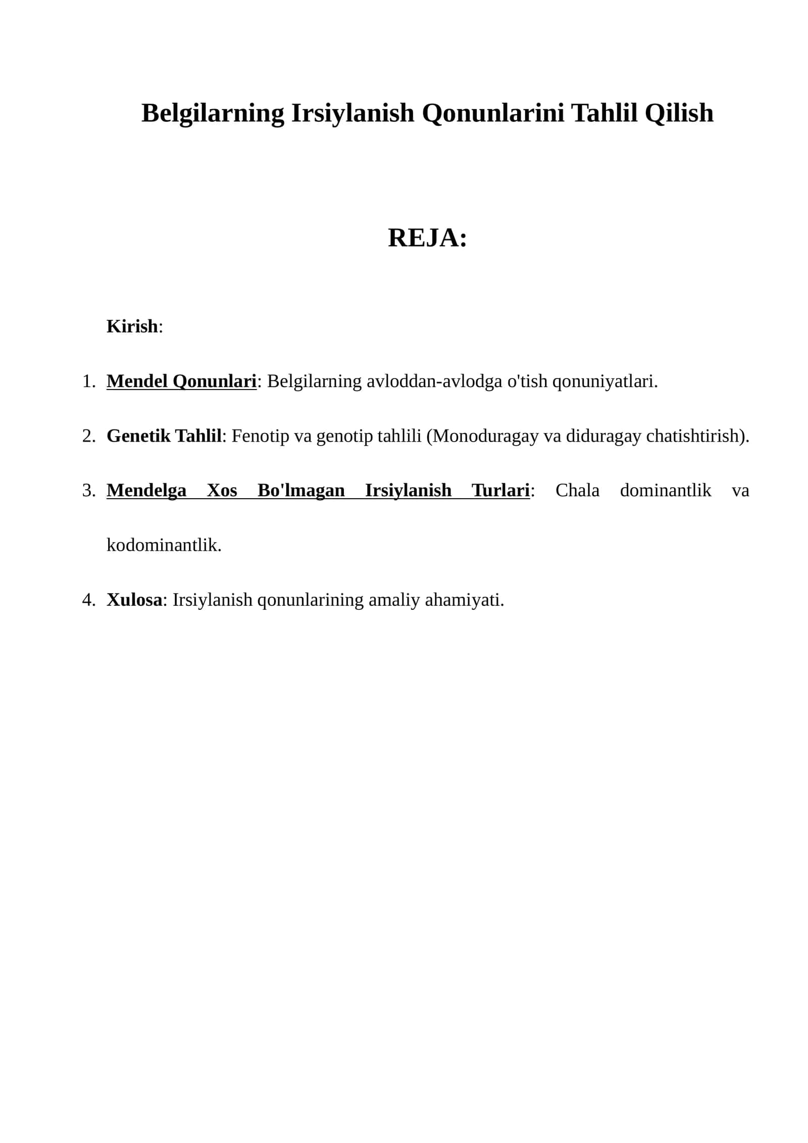 Belgilarning Irsiylanish Qonunlarini Tahlil Qilish