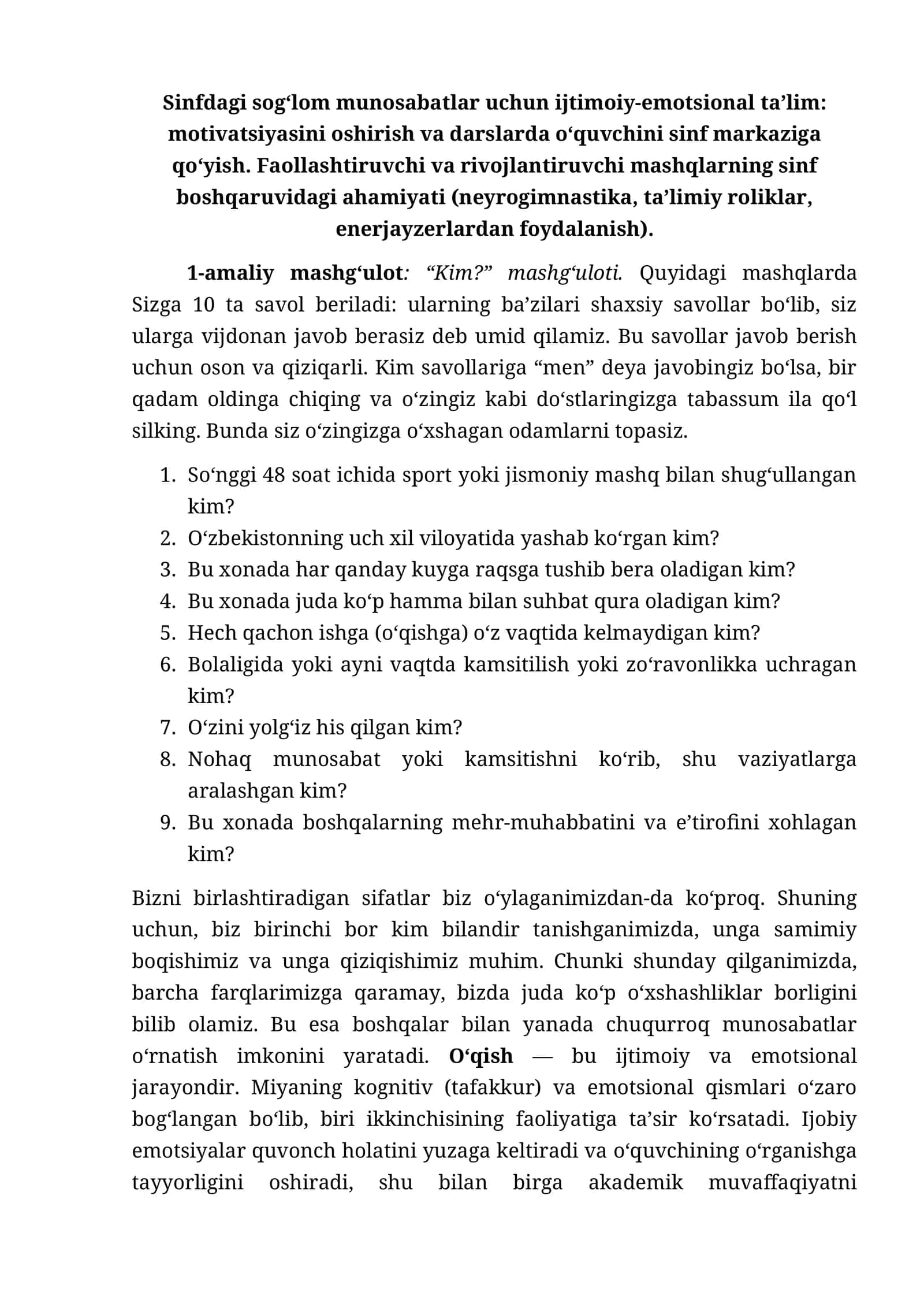 Sinfdagi sog‘lom munosabatlar uchun ijtimoiy-emotsional ta’lim