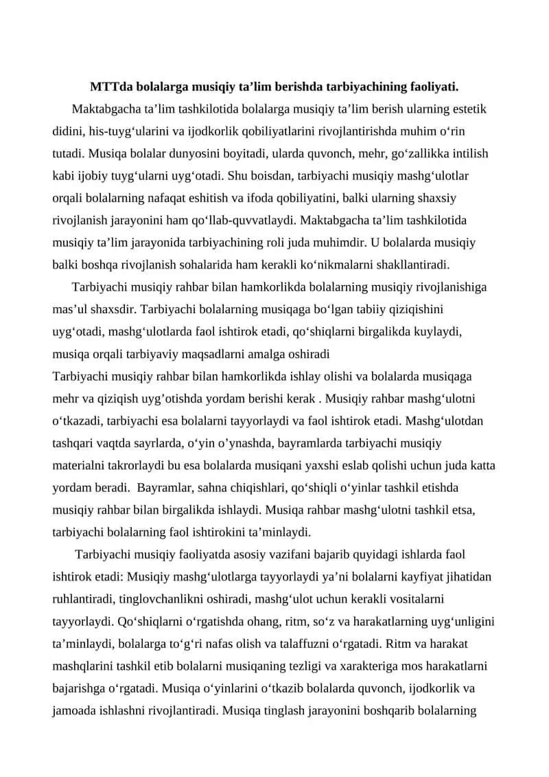 MTTda bolalarga musiqiy ta’lim berishda tarbiyachining faoliyati.