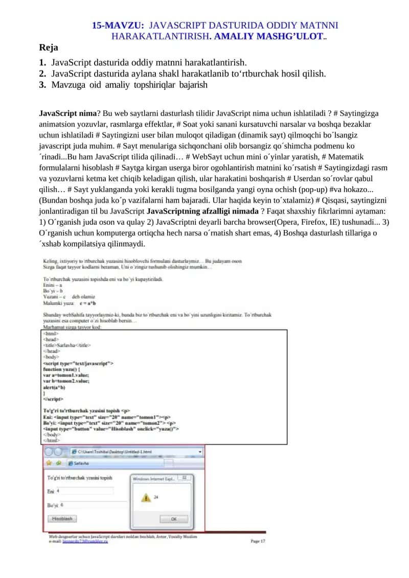 JavaScript dasturida oddiy matnni harakatlantirish