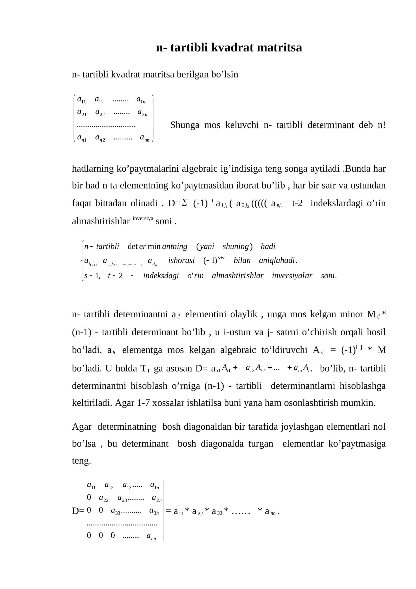 n- tartibli kvadrat matritsa