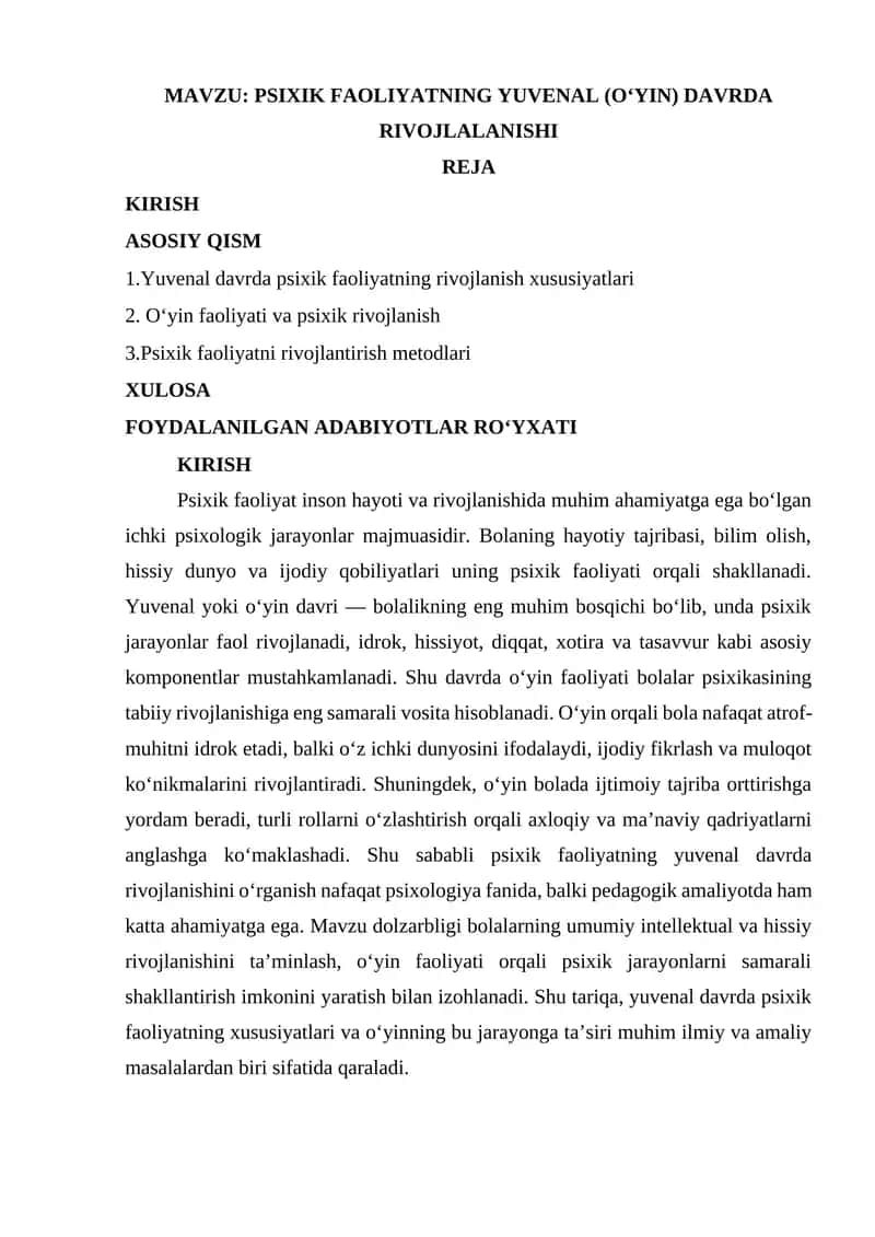 PSIXIK FAOLIYATNING YUVENAL (O‘YIN) DAVRDA RIVOJLALANISHI