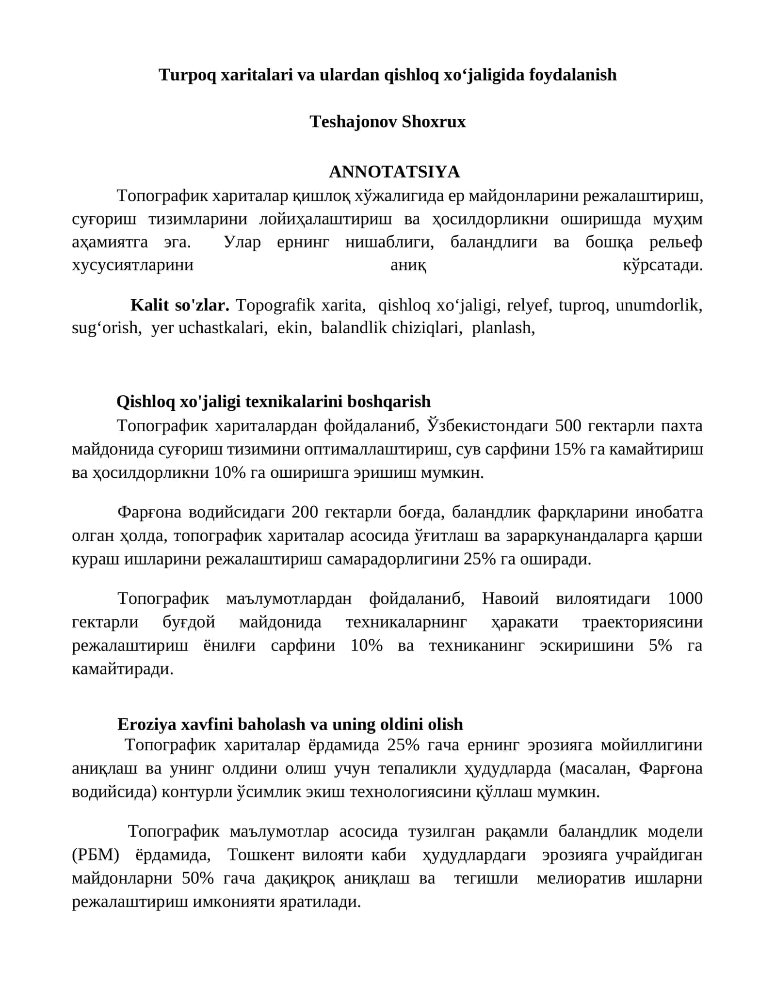 Турпоқ хариталари ва улардан қишлоқ хўжалигида фойдаланиш