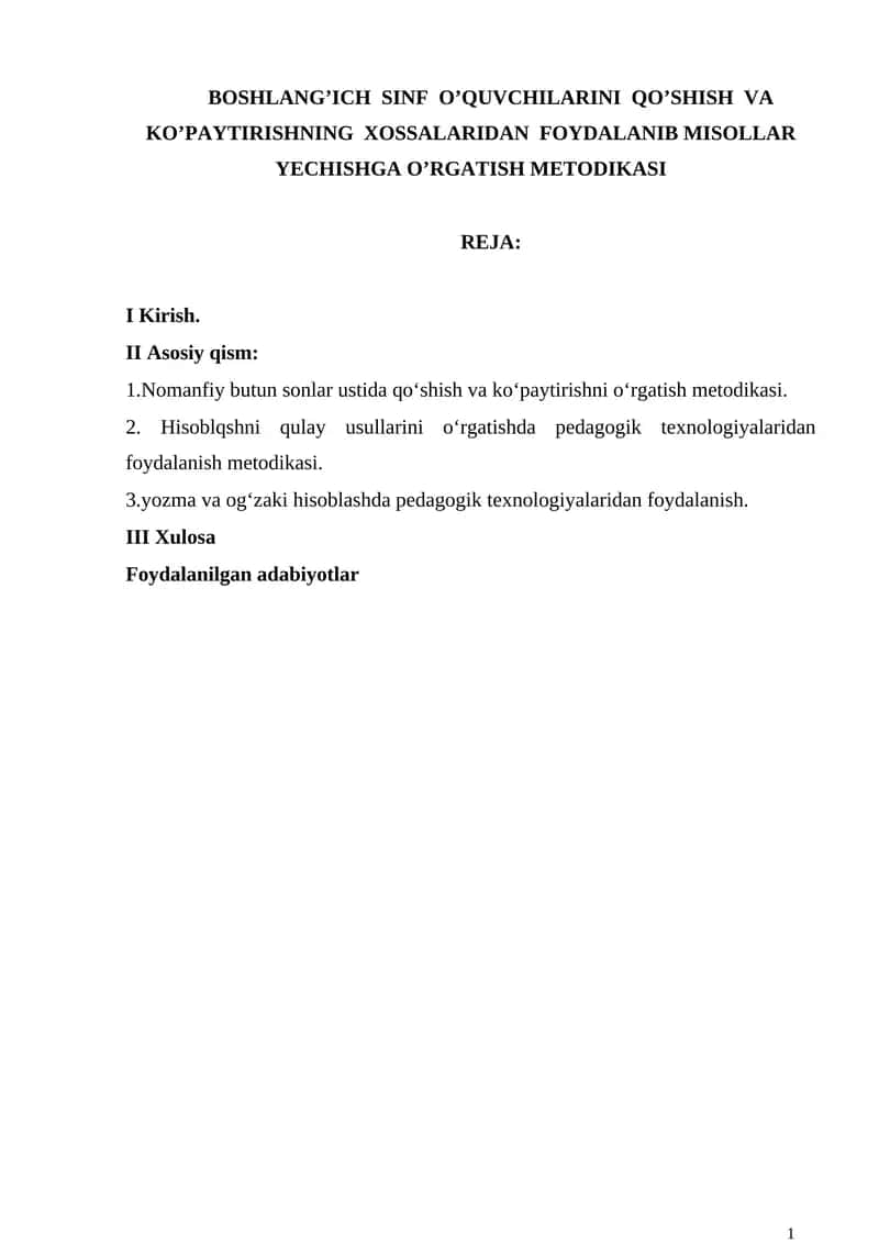 BOSHLANG’ICH SINF O’QUVCHILARINI QO’SHISH VA KO’PAYTIRISHNING XOSSALARIDAN FOYDALANIB MISOLLAR YECHISHGA O’RGATISH METODIKASI