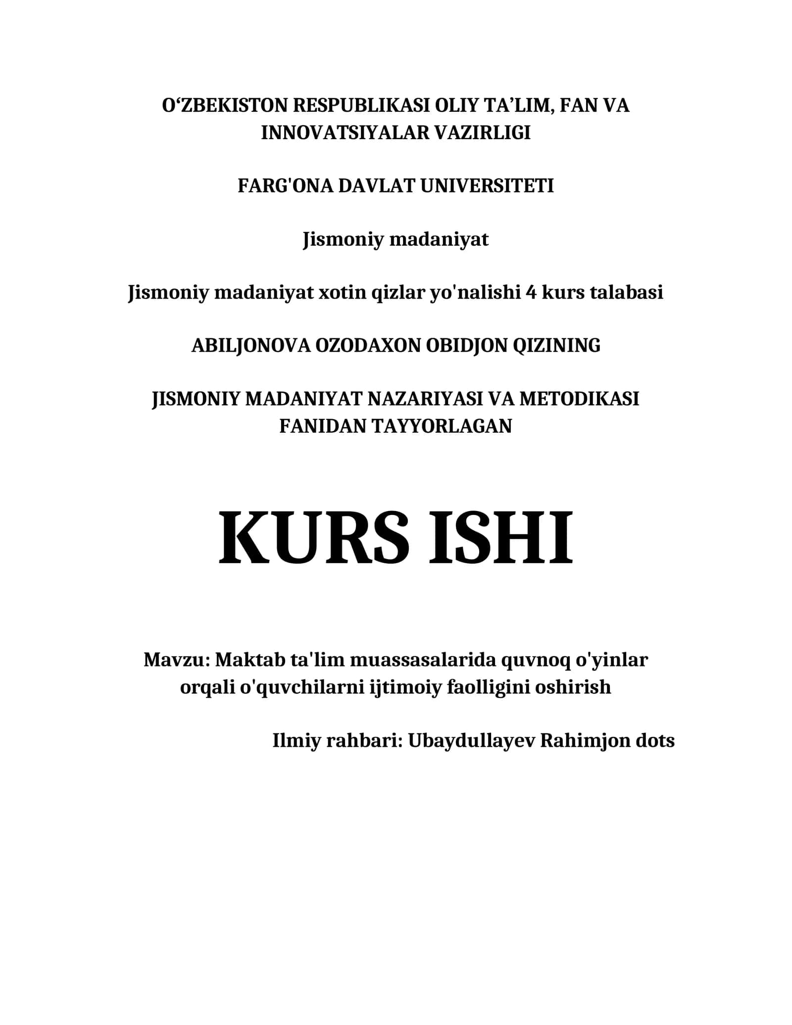 Maktab ta'lim muassasalarida quvnoq o'yinlar orqali o'quvchilarni ijtimoiy faolligini oshirish