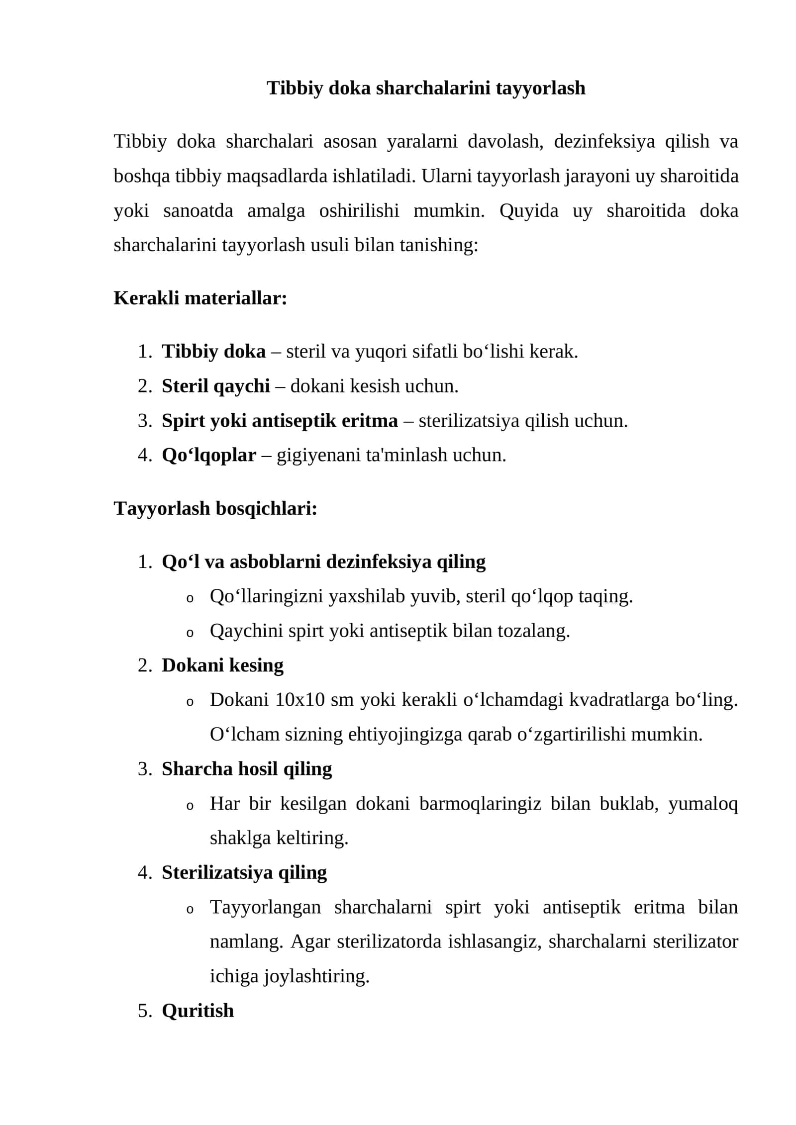 Tibbiy doka sharchalarini tayyorlash
