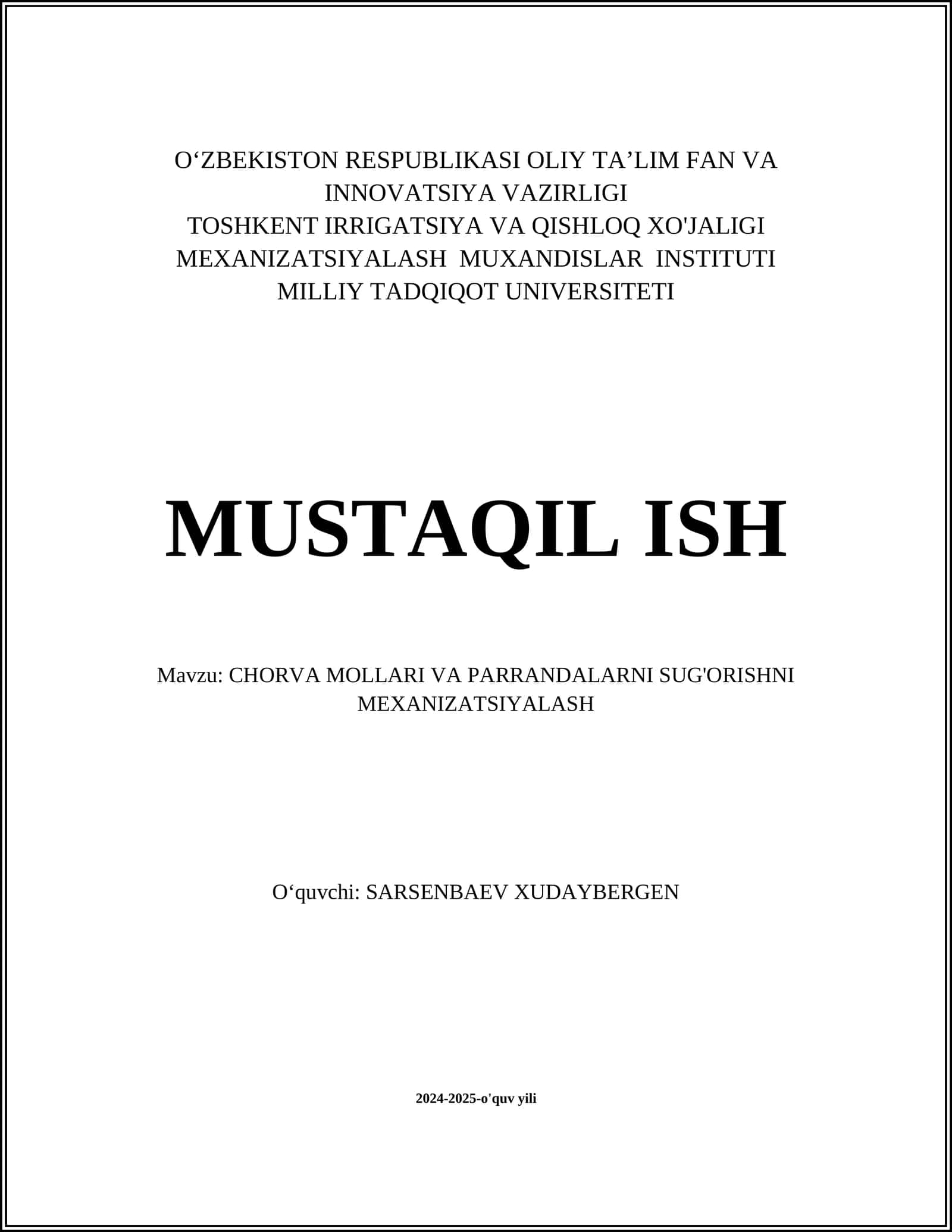 CHORVA MOLLARI VA PARRANDALARNI SUG'ORISHNI MEXANIZATSIYALASH