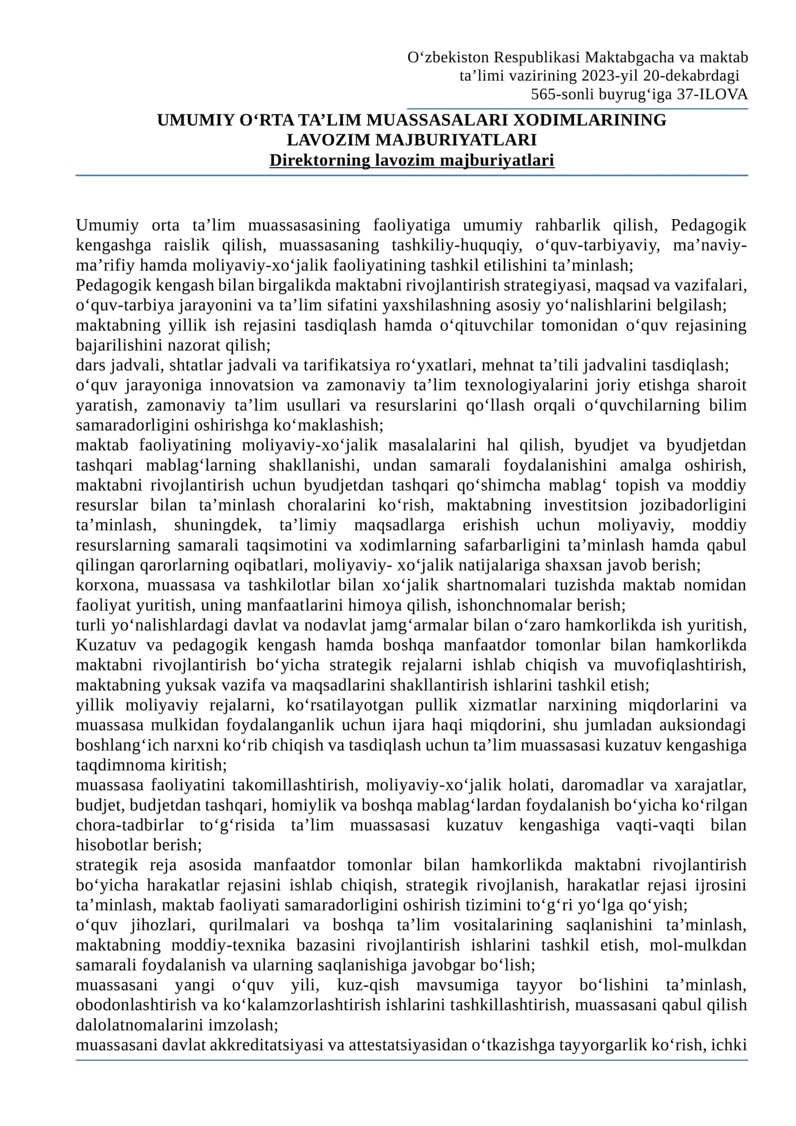 UMUMIY O‘RTA TA’LIM MUASSASALARI XODIMLARINING LAVOZIM MAJBURIYATLARI