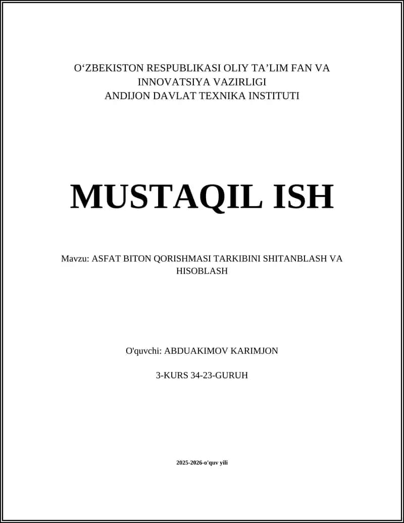 ASFAT BITON QORISHMASI TARKIBINI SHITANBLASH VA HISOBLASH