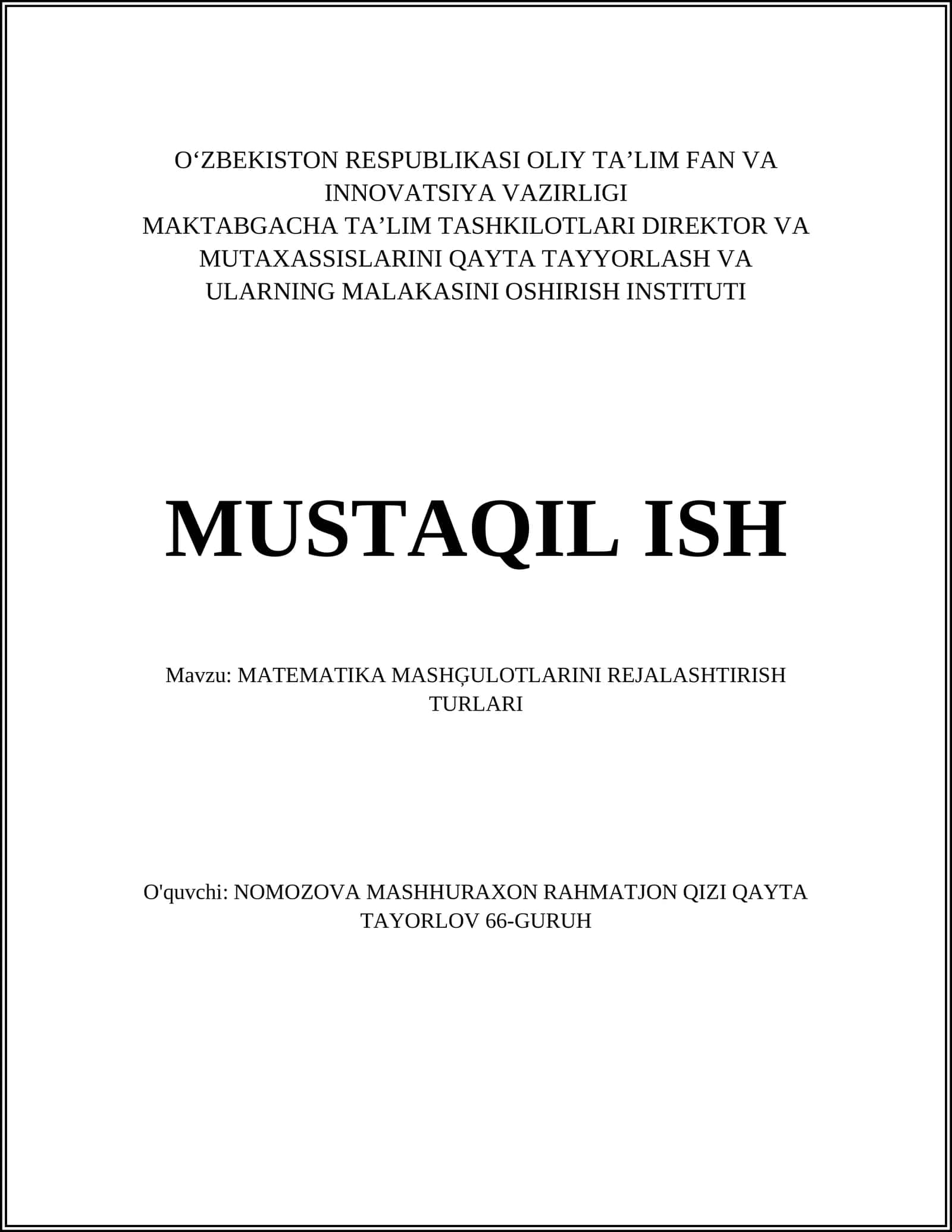 MATEMATIKA MASHĢULOTLARINI REJALASHTIRISH TURLARI