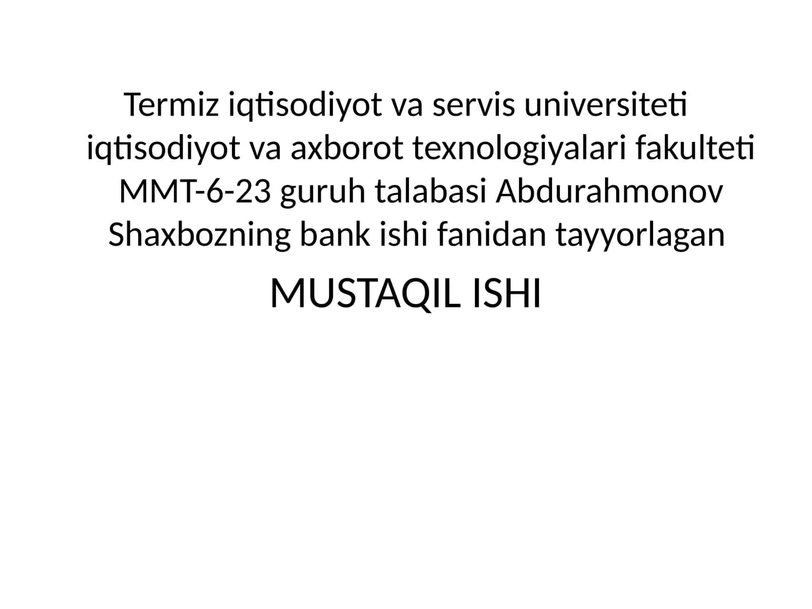 Bank ishi fanining predmeti vavazifalari