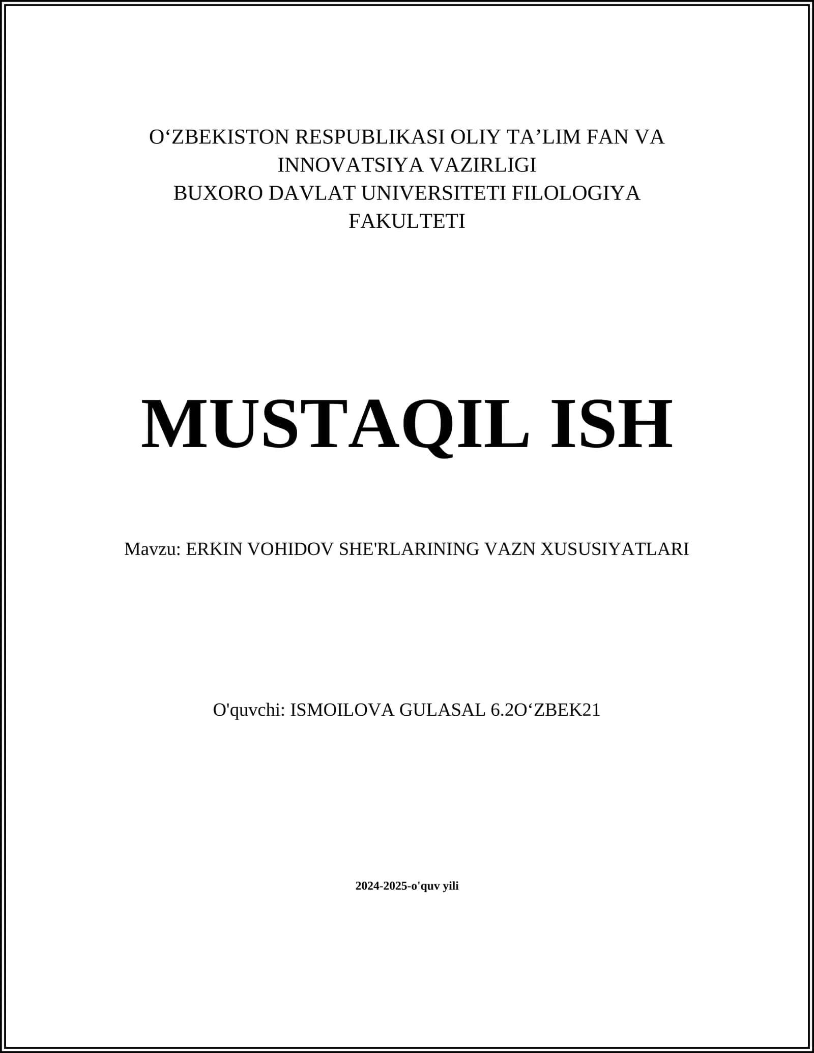 ERKIN VOHIDOV SHE'RLARINING VAZN XUSUSIYATLARI