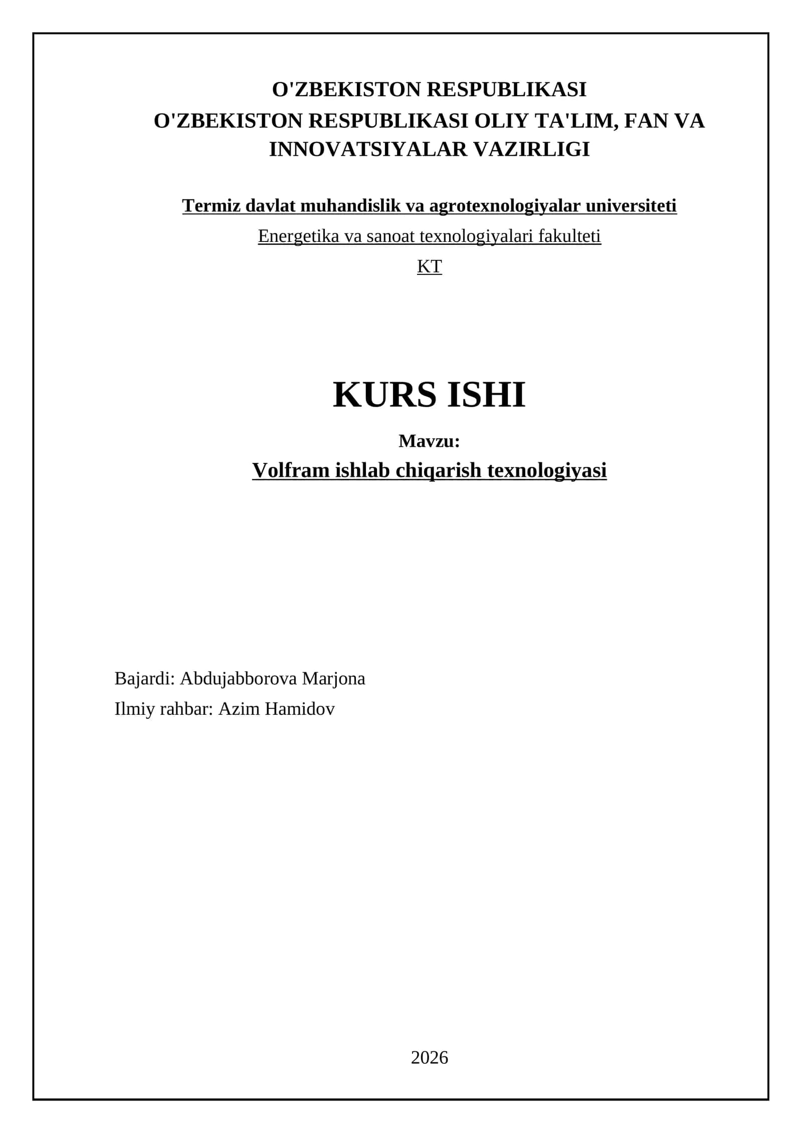 Volfram ishlab chiqarish texnologiyasi