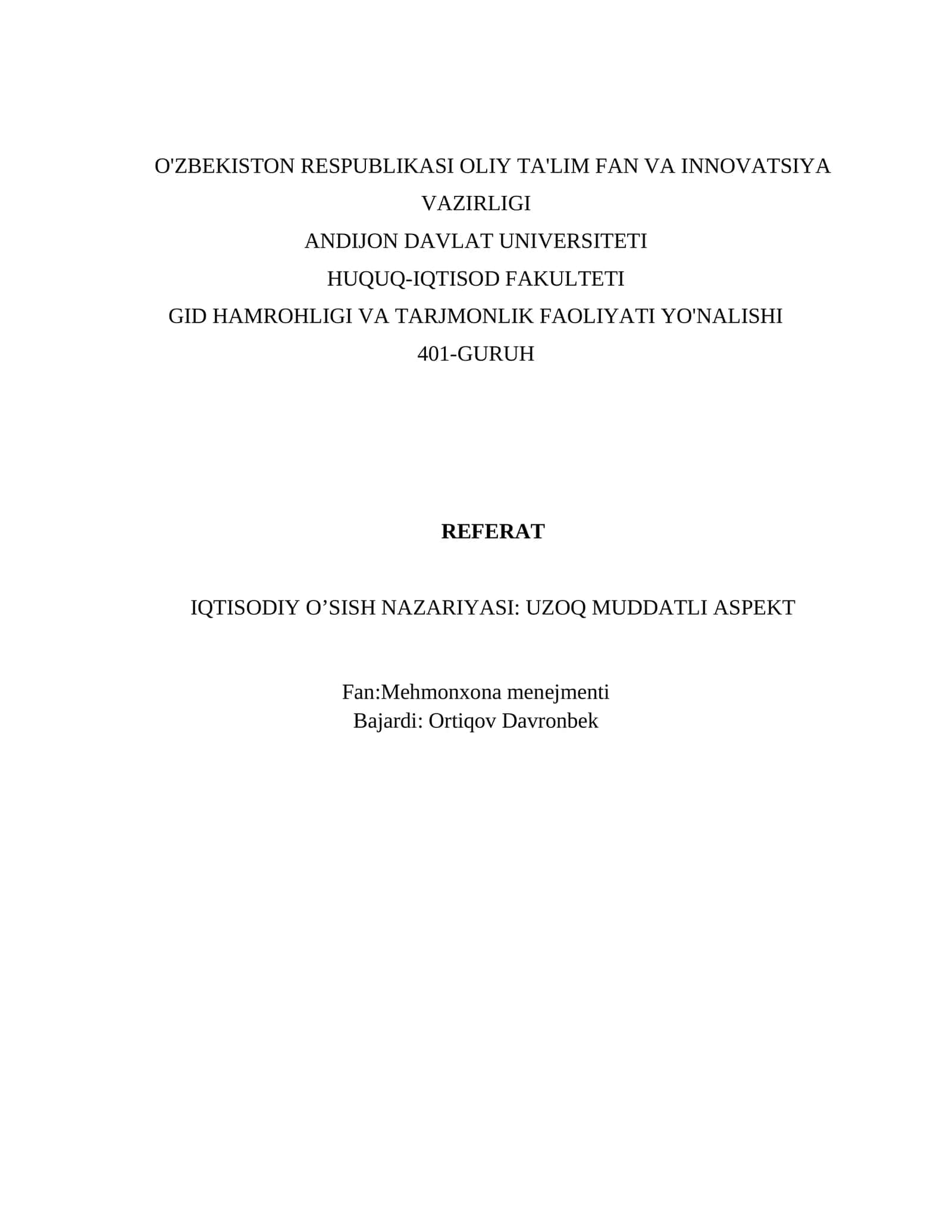 IQTISODIY O’SISH NAZARIYASI: UZOQ MUDDATLI ASPEKT