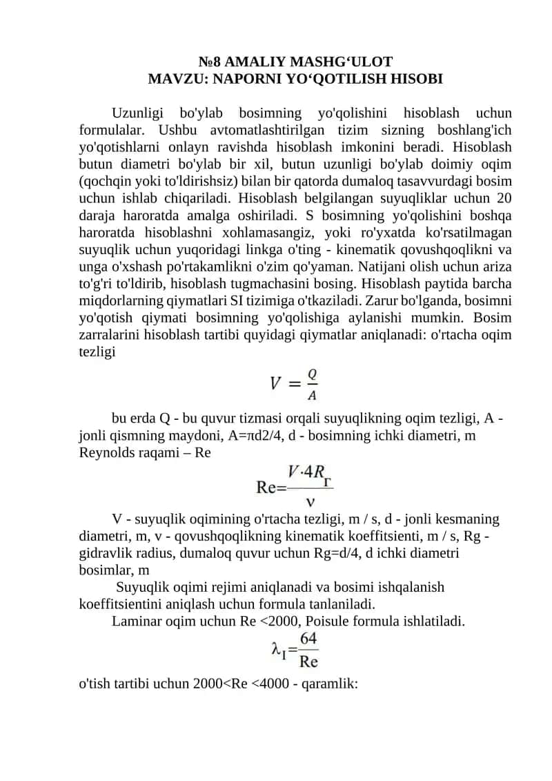 NAPORNI YO‘QOTILISH HISOBI