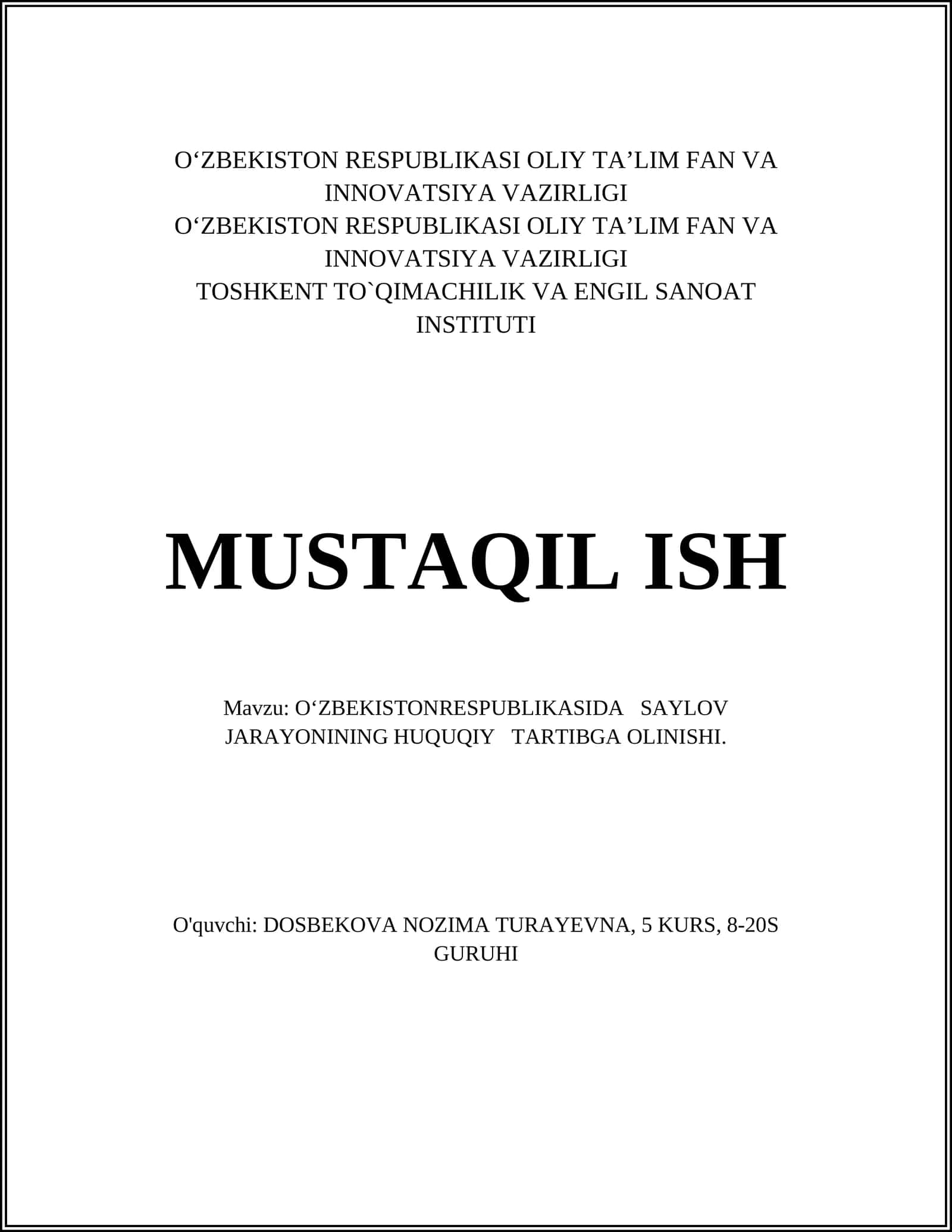 O'zbekiston Respublikasida Saylov Jarayonining Huquqiy Tartibga Olinishi