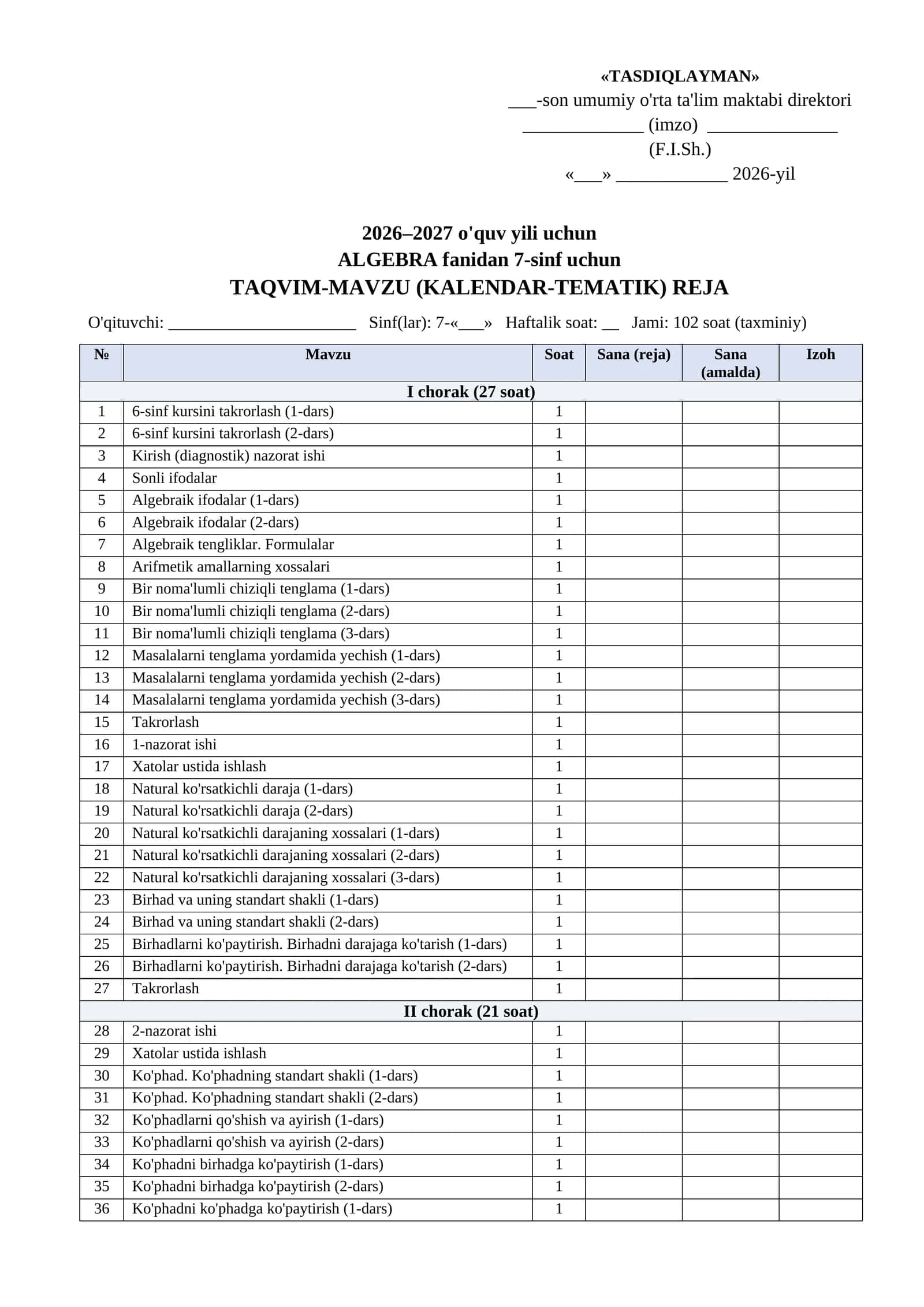 Kalendar tematik reja 2026-2027 7 sinf Algebra word tayyorgarlik toplami