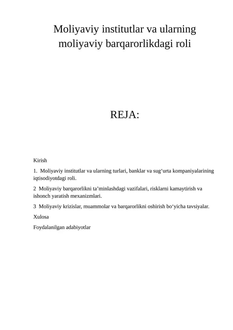 Moliyaviy institutlar va ularning moliyaviy barqarorlikdagi roli