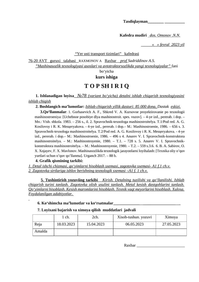 "Mashinasozlik texnologiyasi asoslari va avtotraktorsozlikda yangi texnologiyalar" kurs ishiga