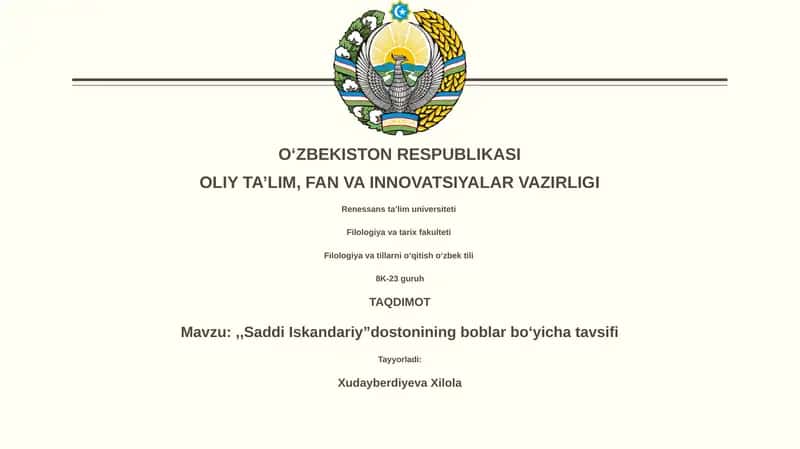 "Saddi Iskandariy”dostoni tahlili