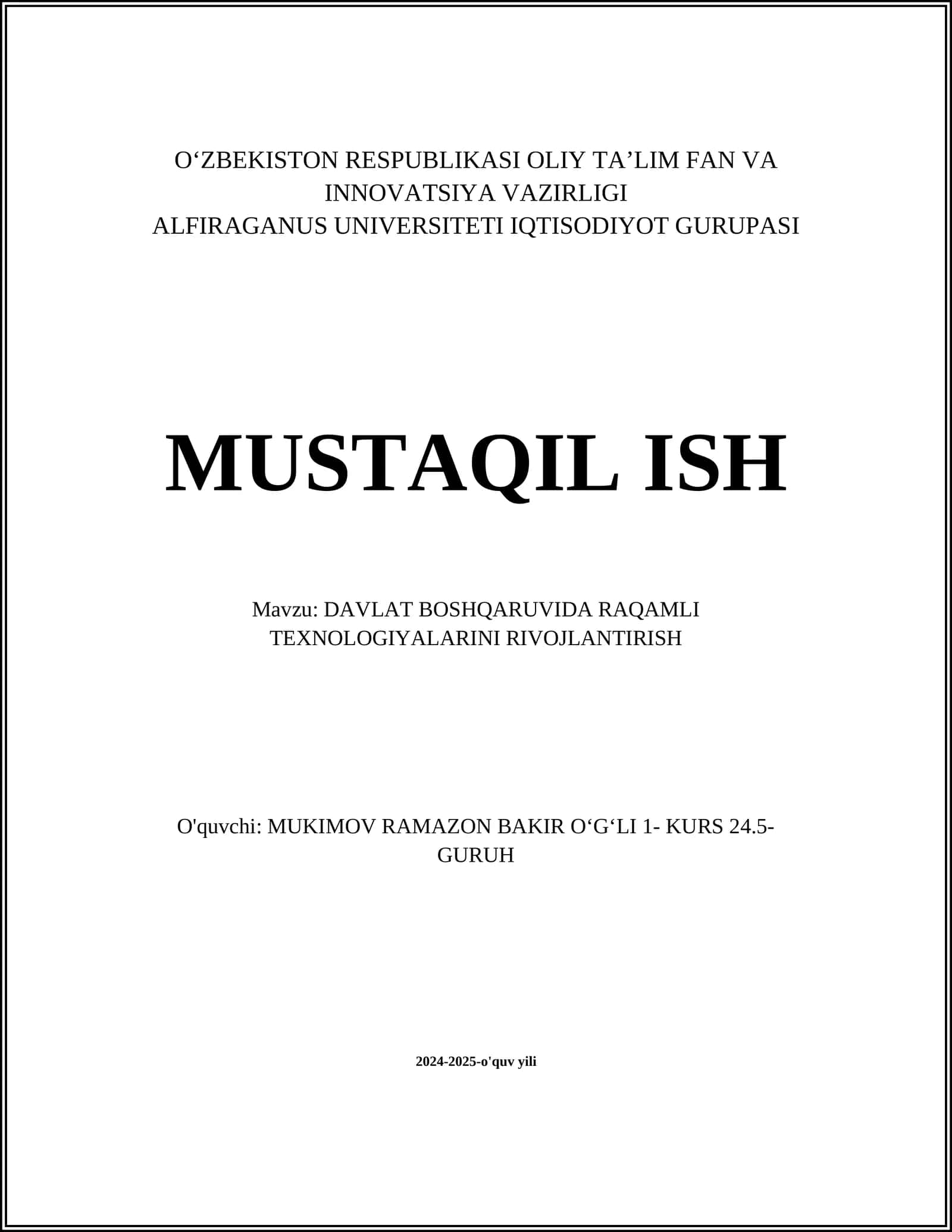 DAVLAT BOSHQARUVIDA RAQAMLI TEXNOLOGIYALARINI RIVOJLANTIRISH