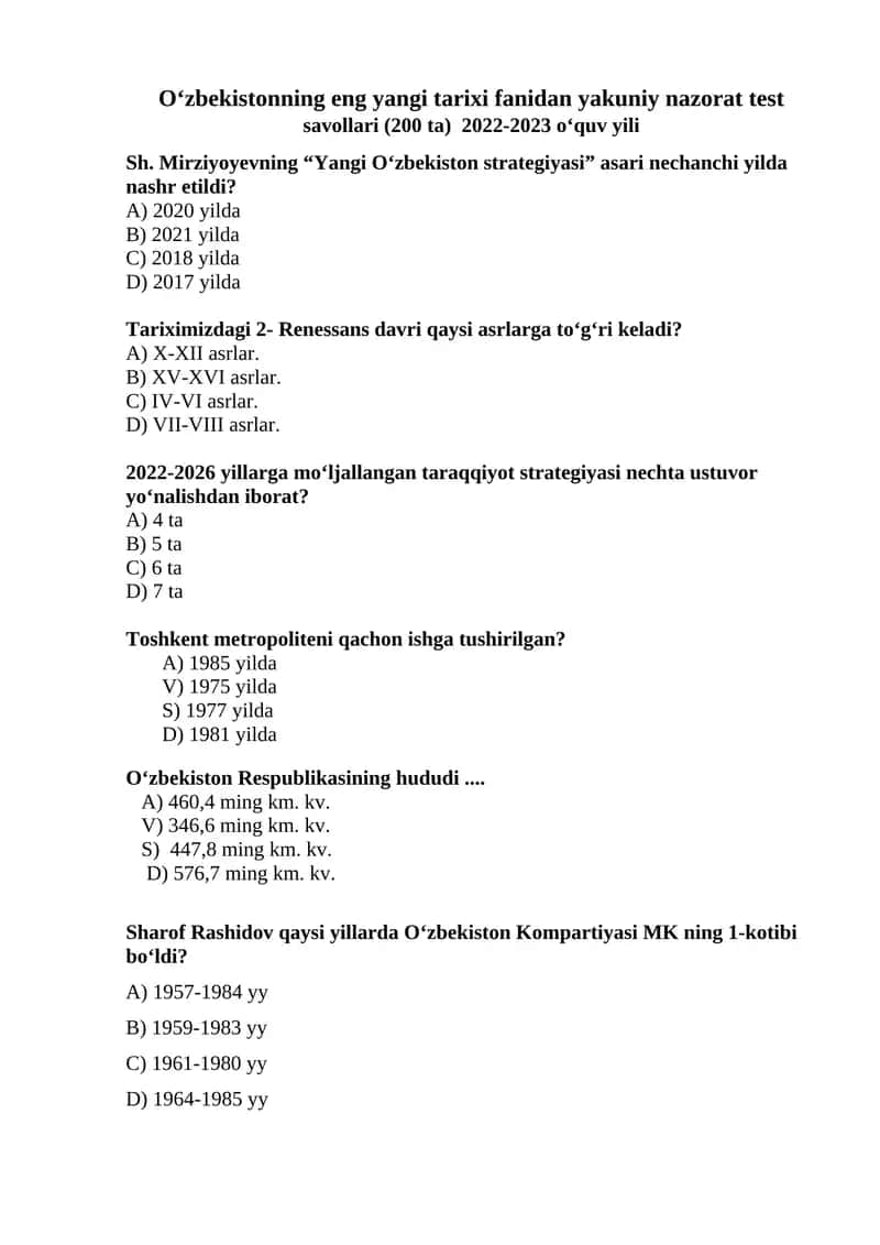 O‘zbekistonning eng yangi tarixi fanidan yakuniy nazorat test savollari (200 ta)
