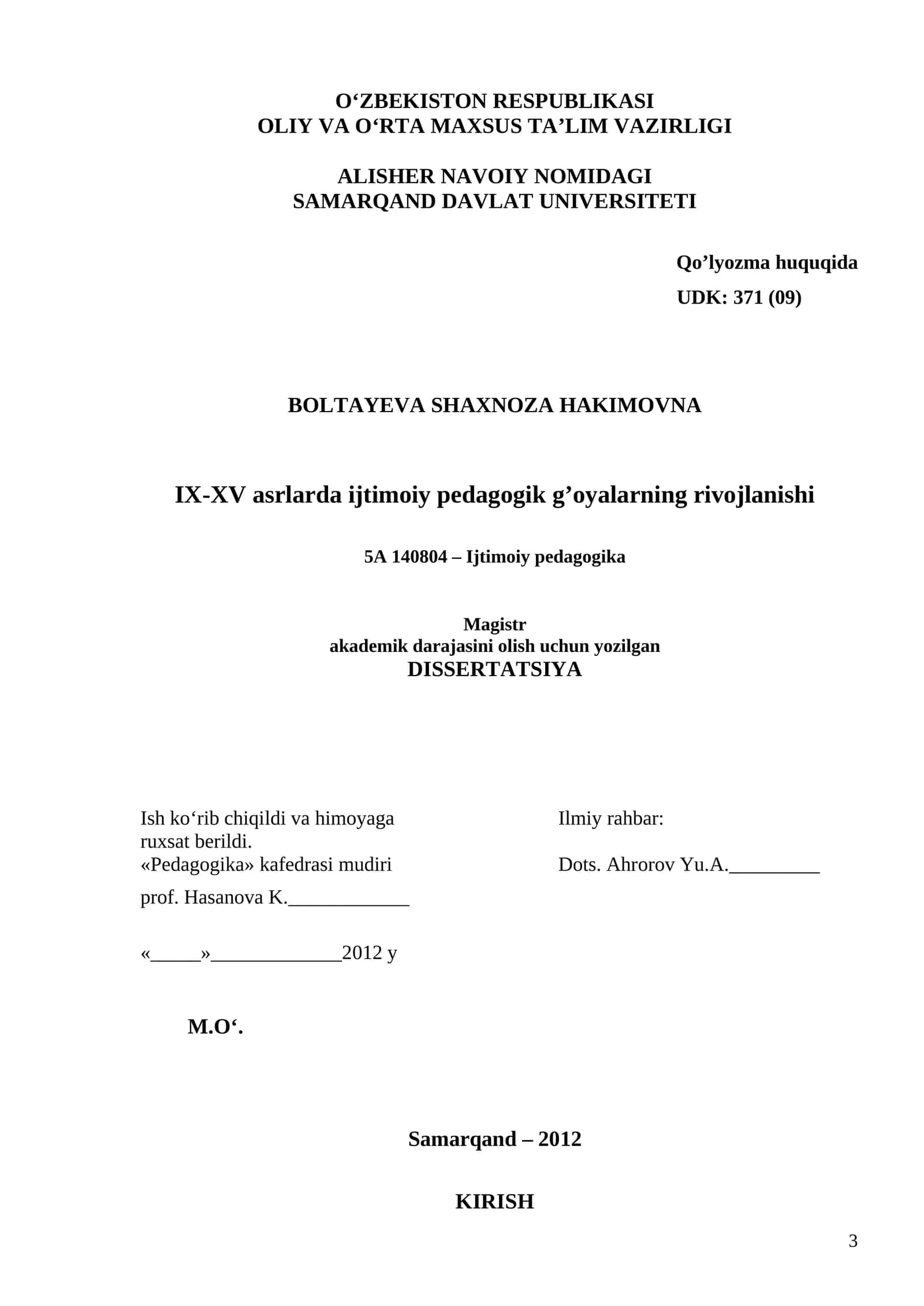 IX-XV asrlarda ijtimoiy pedagogik g’oyalarning rivojlanishi