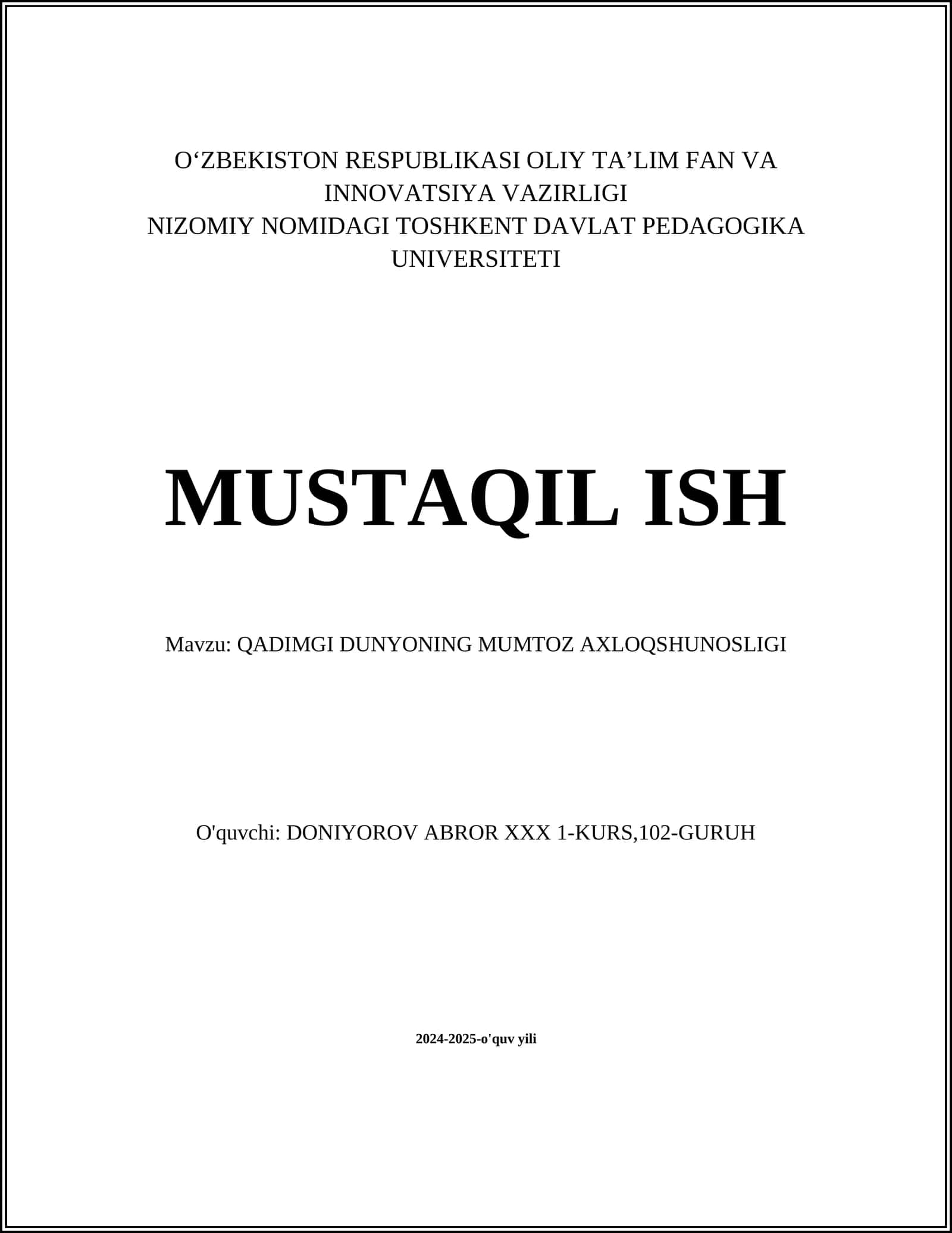 QADIMGI DUNYONING MUMTOZ AXLOQSHUNOSLIGI