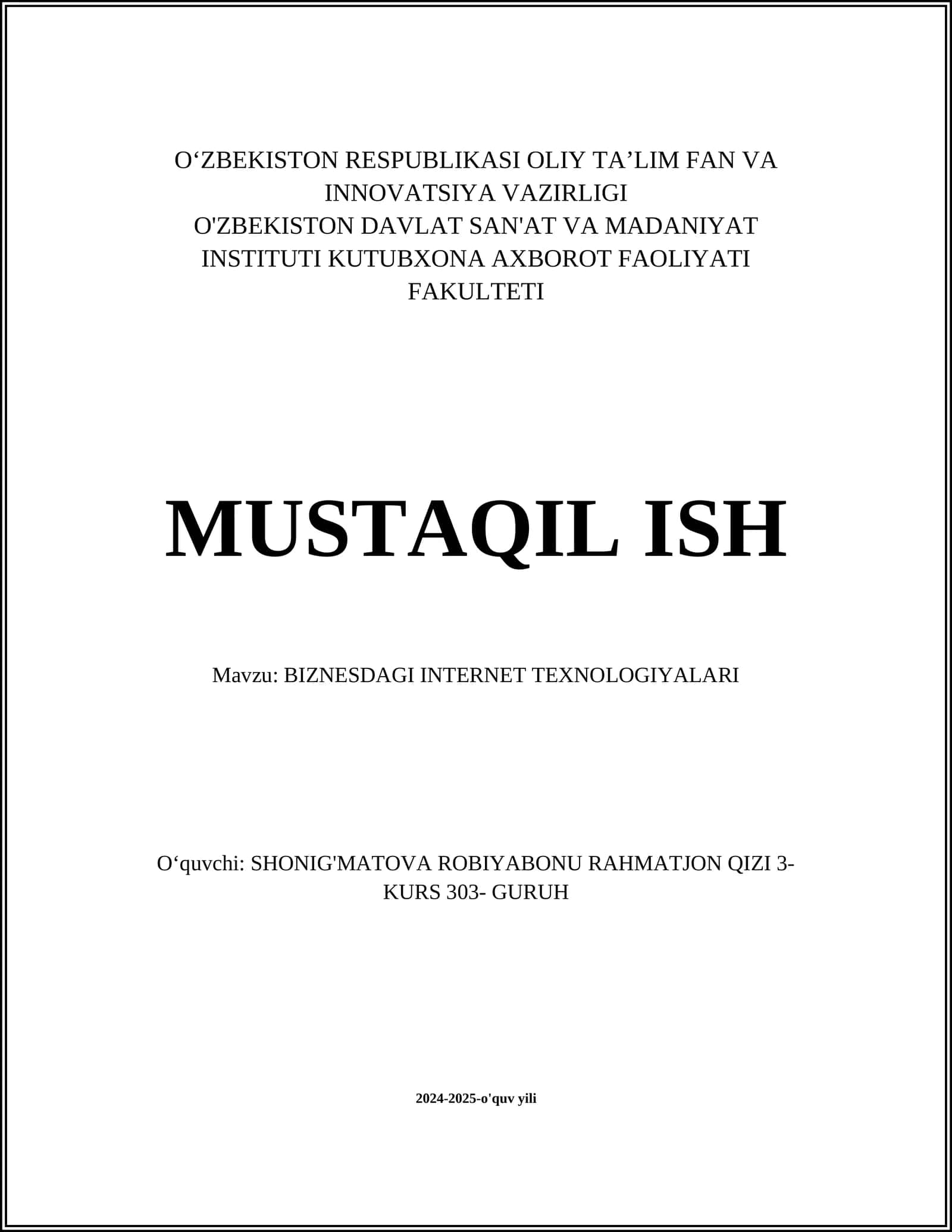 BIZNESDAGI INTERNET TEXNOLOGIYALARI