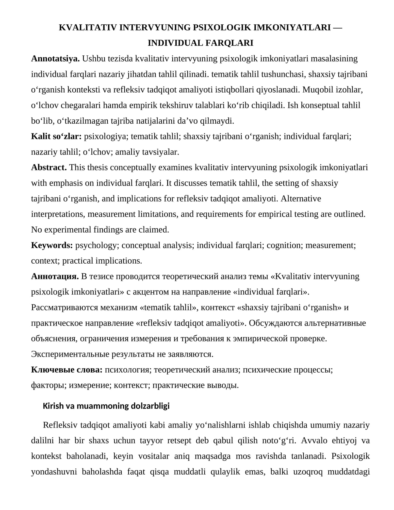 KVALITATIV INTERVYUNING PSIXOLOGIK IMKONIYATLARI — INDIVIDUAL FARQLARI